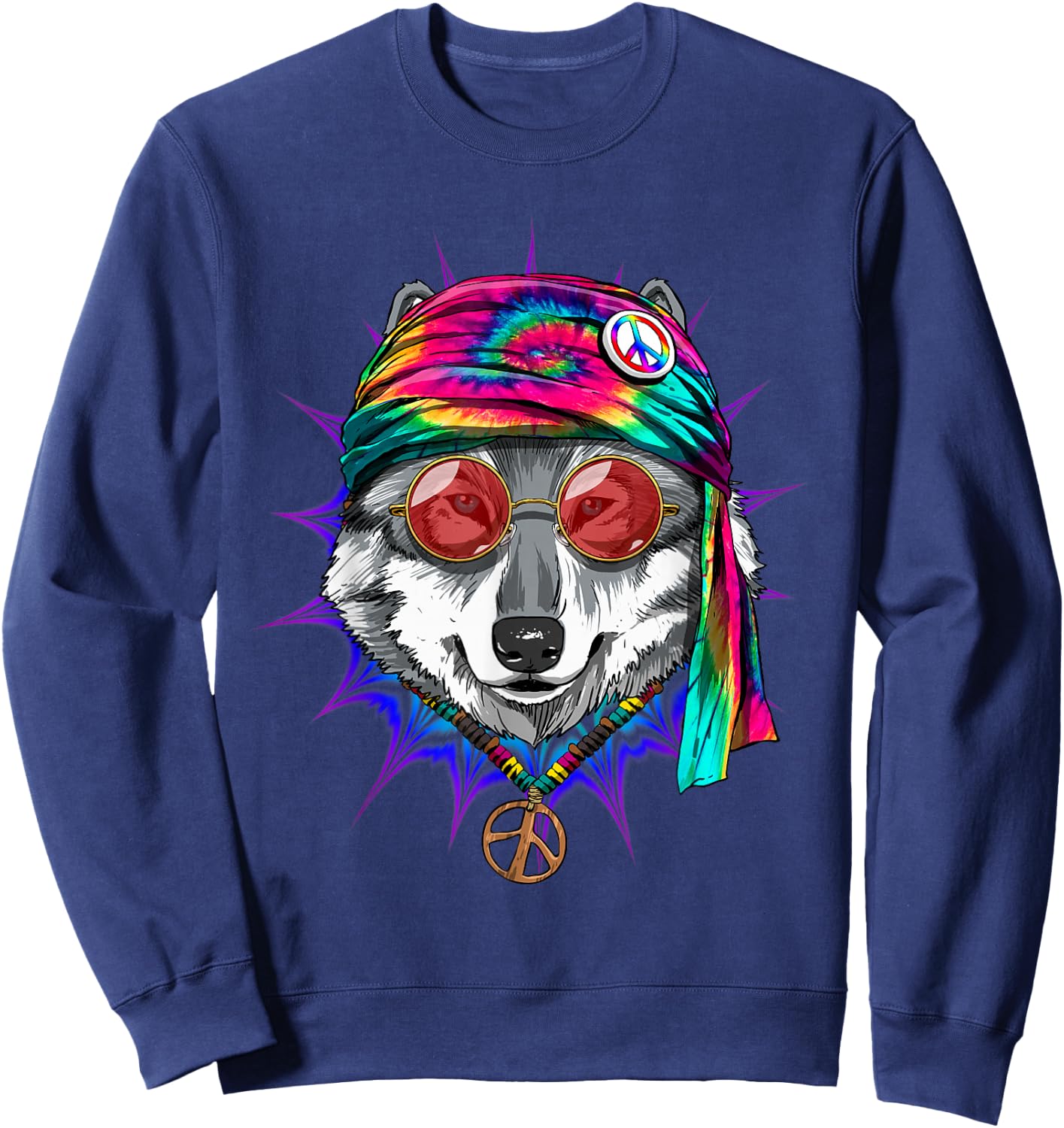 Tie Dye Hippie Wolf Hippiness Peace Love Wolf Sweatshirt - Sweatshirt | Navy