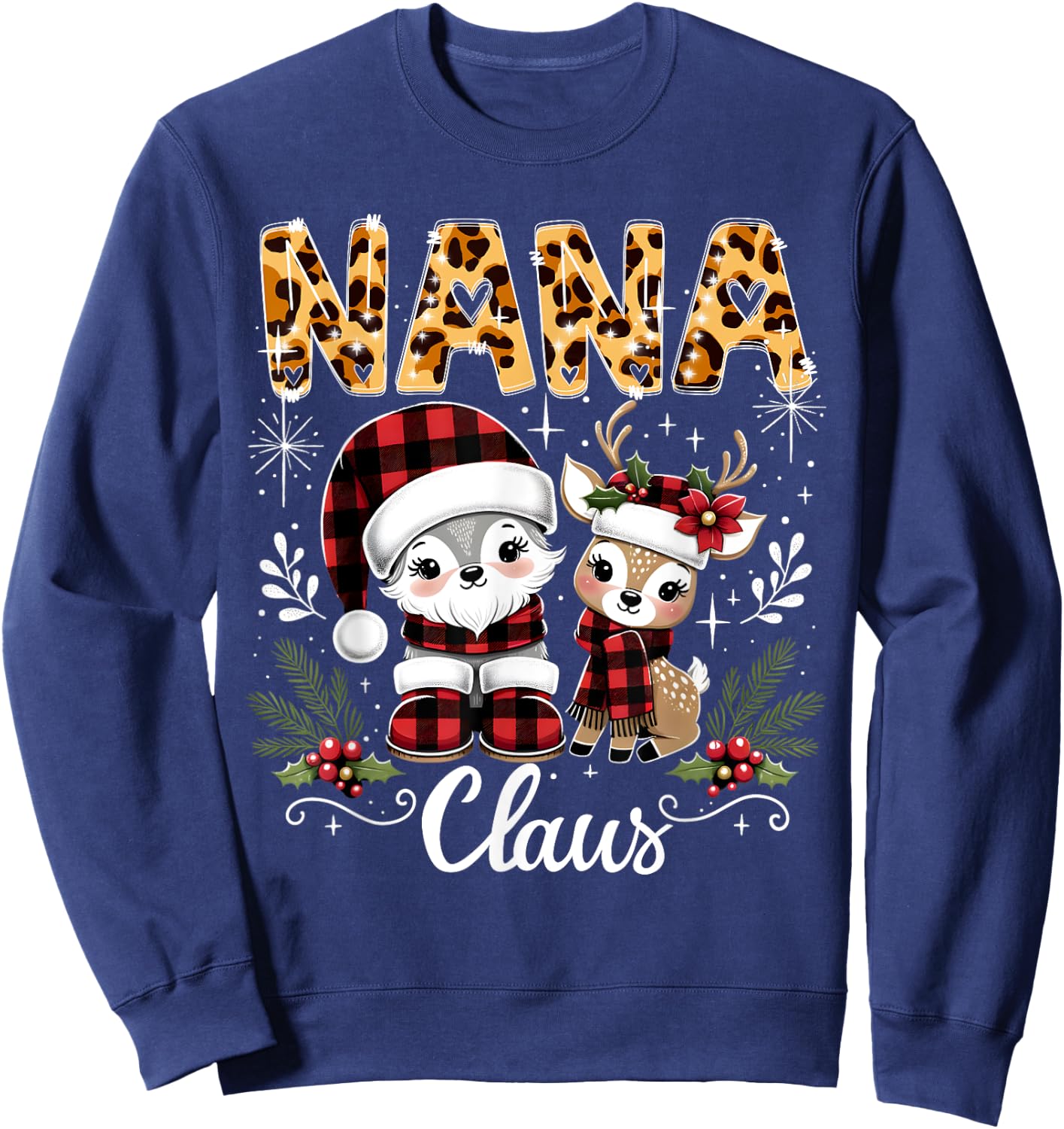 Christmas Nana Claus Grandma Leopard Buffalo Plaid Pjs Xmas Sweatshirt - Sweatshirt | Navy