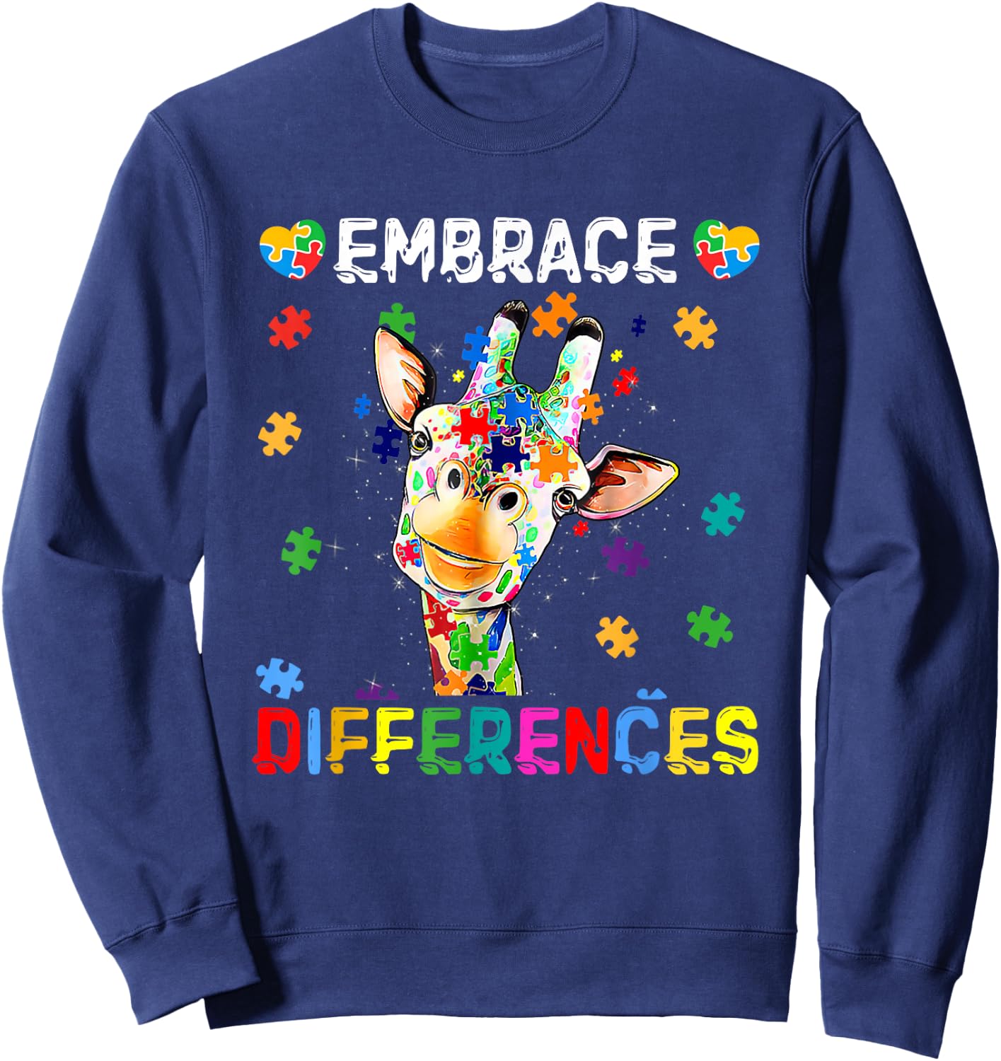 Giraffe Embrace Differences Puzzle Pieces Autism Awareness Sweatshirt - Sweatshirt | Navy