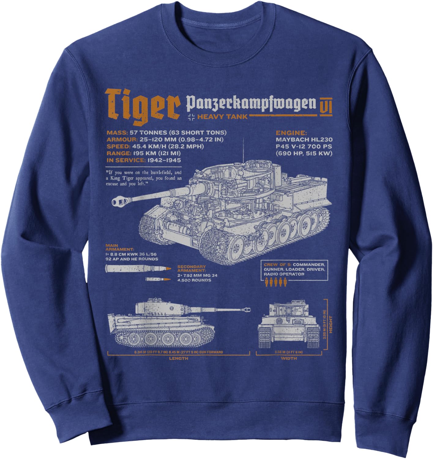 Tiger Tank Panzer PzKpfw VI World War 2 Blueprint Sweatshirt - Sweatshirt | Navy