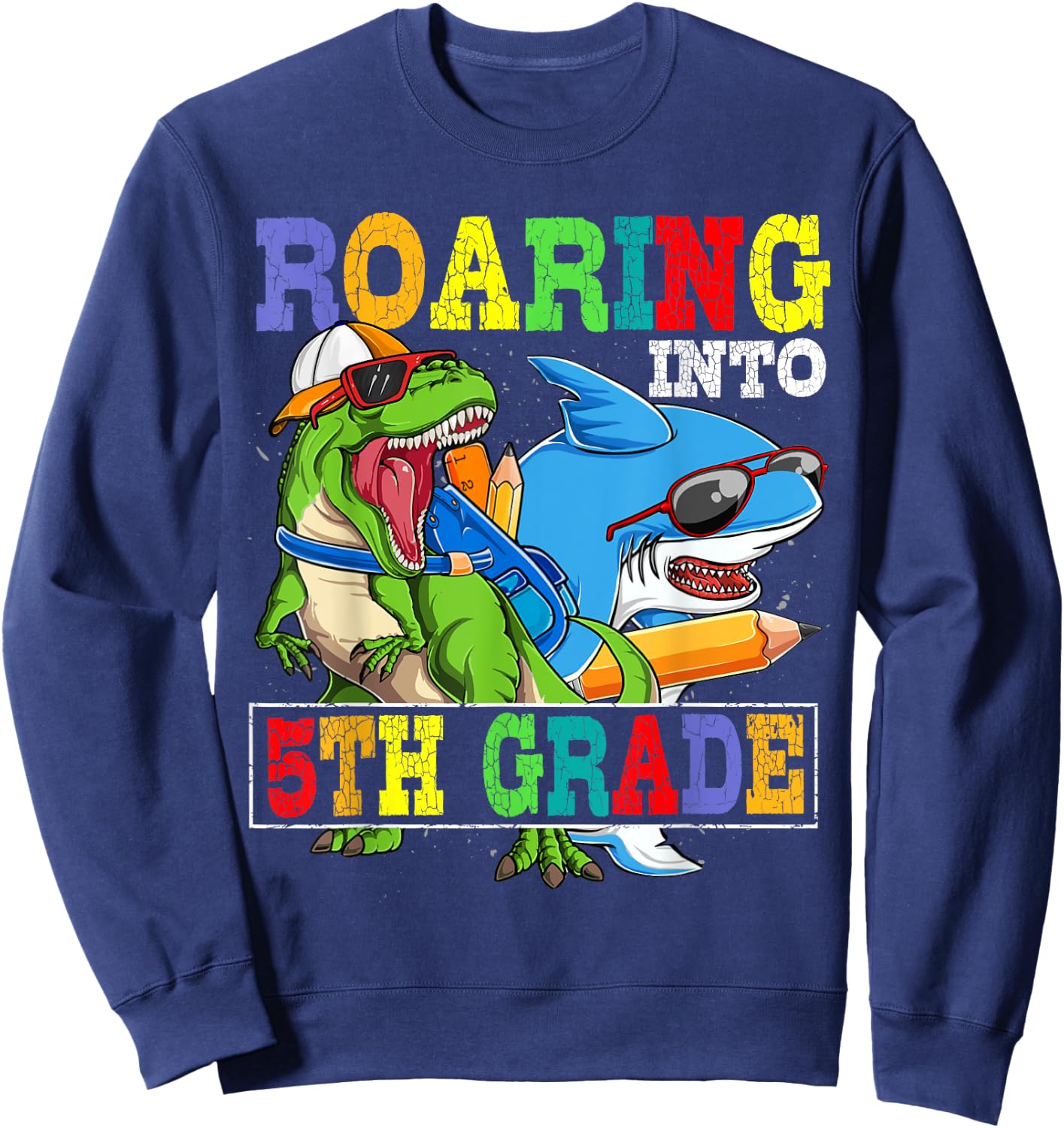 Roaring 5th Grade Dinosaur Shark Back to School Boys Kids Sweatshirt - Sweatshirt | Navy