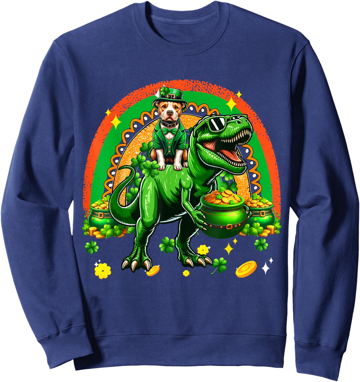 Patrick's Day Pit Bull Riding T-Rex Shamrocks Rainbow Sweatshirt - Sweatshirt | Navy
