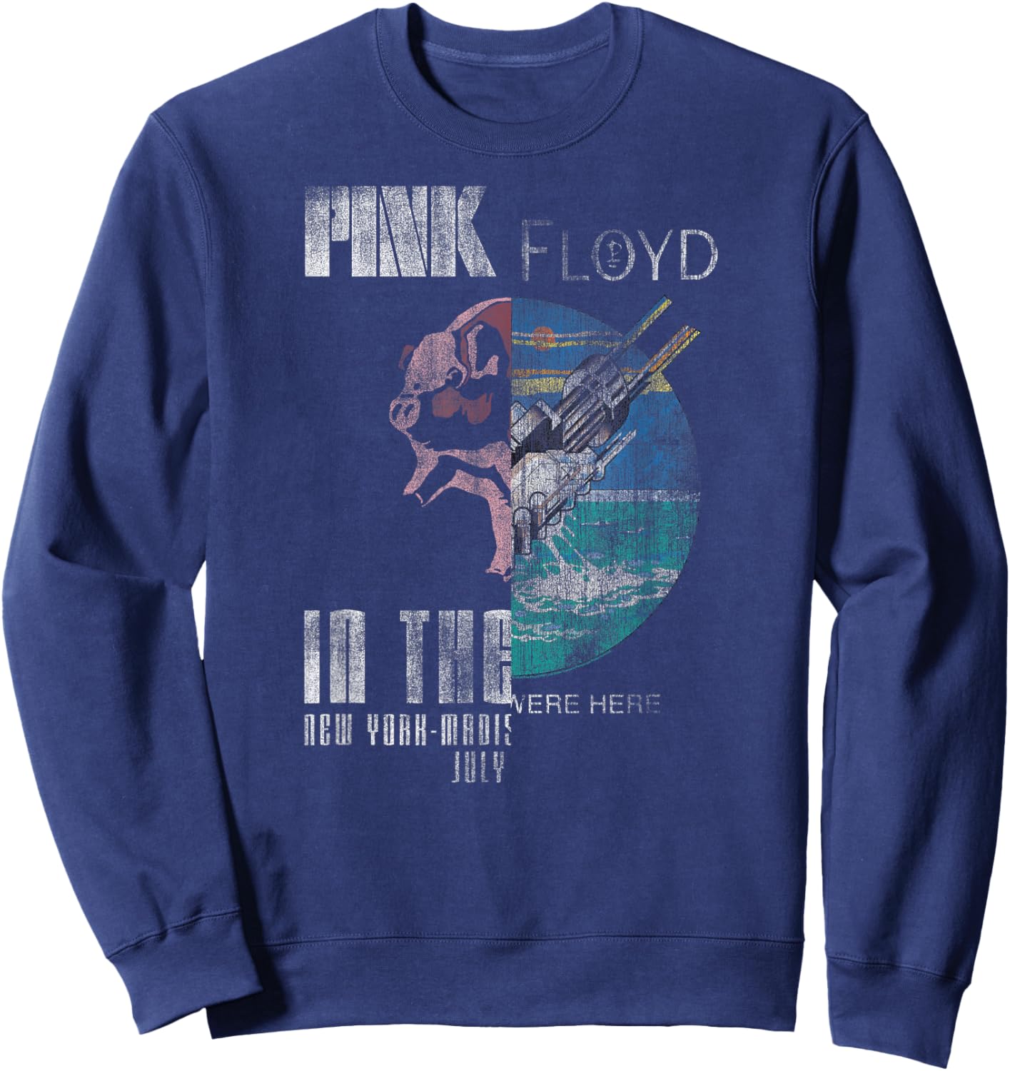 Pink Floyd Animals Wish You Were Here Splice Distressed Rock , Black, S Sweatshirt - Sweatshirt | Navy