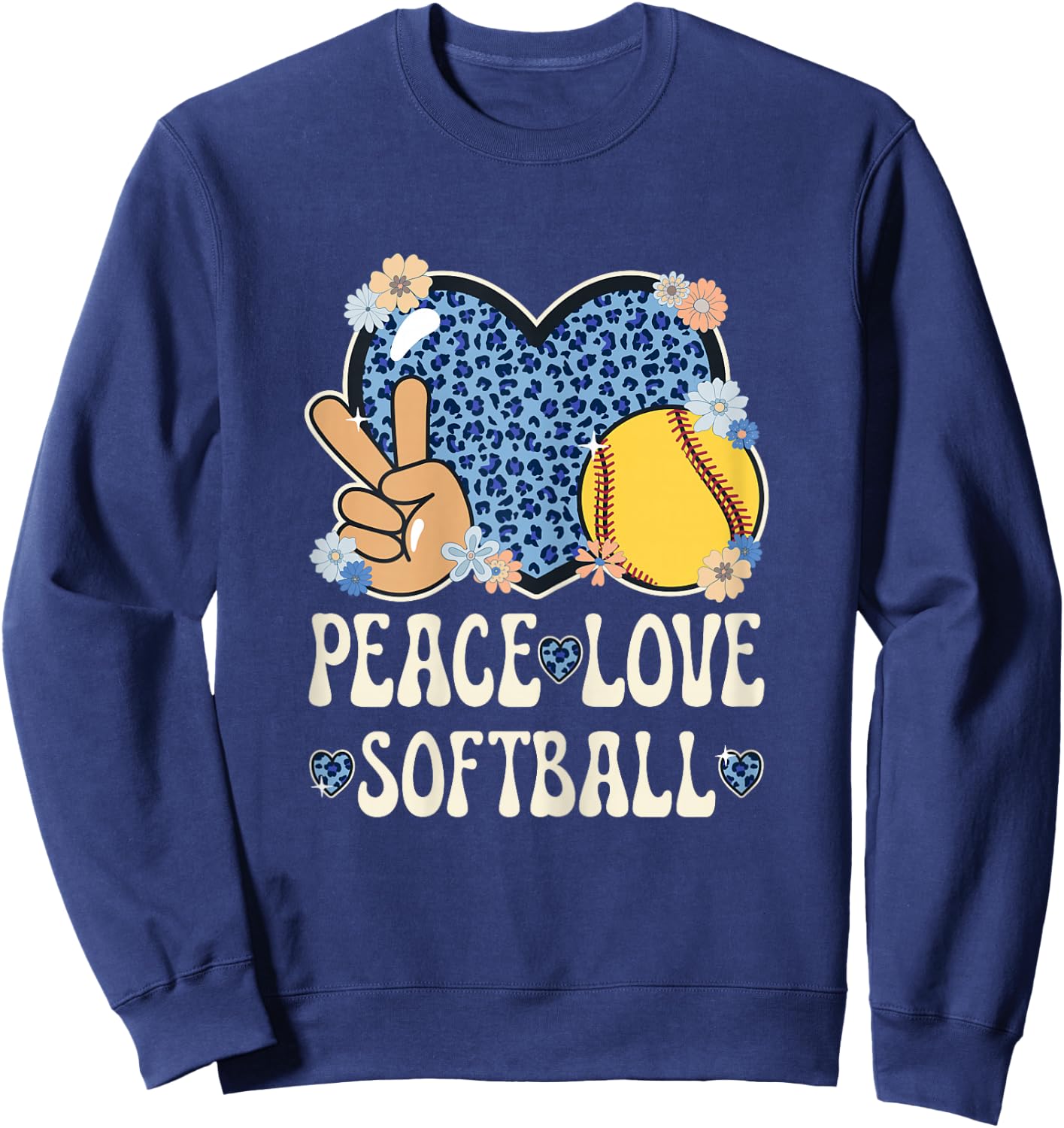 Peace Love Softball Lover Leopard Print Girls Cute Softball Sweatshirt - Sweatshirt | Navy