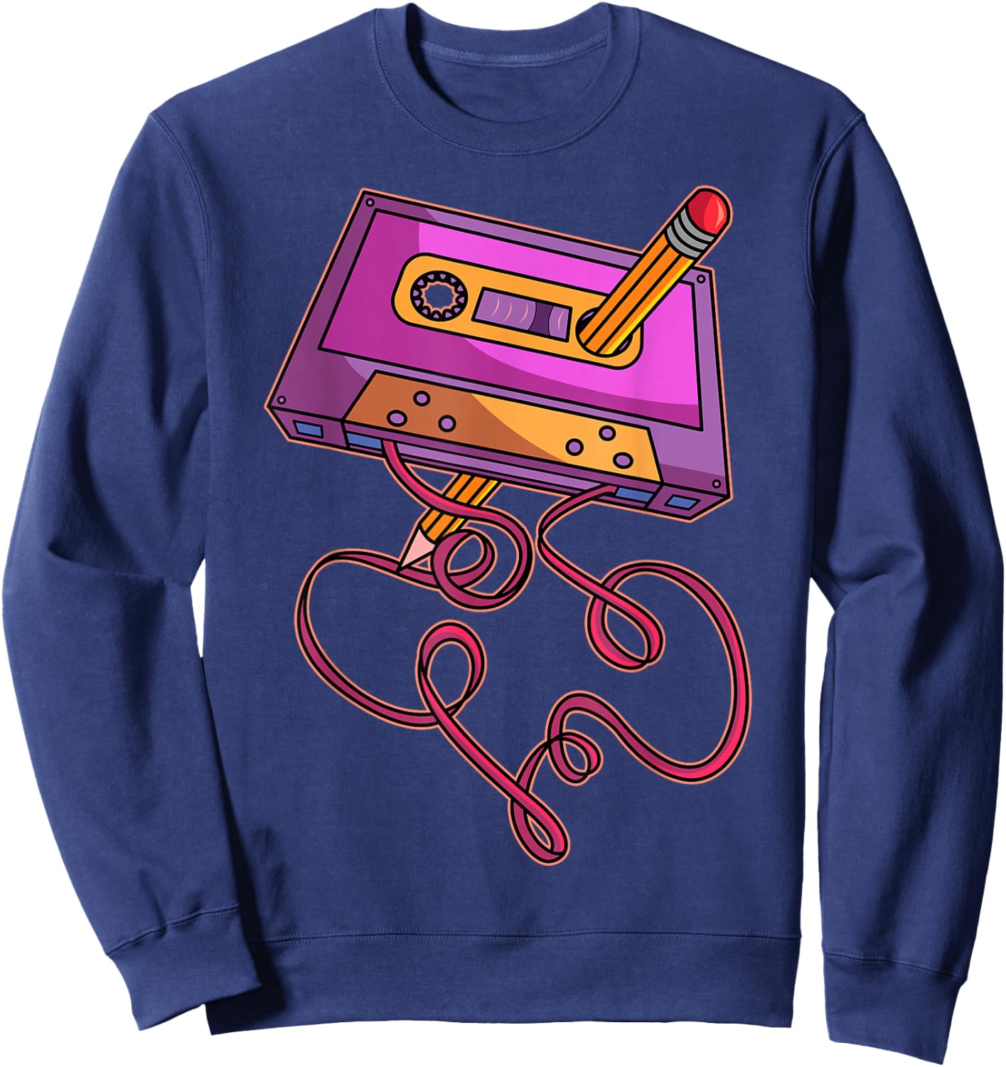 80s Cassette Tape Pencil 1980s Retro Vintage Throwback Music Short Sleeve Sweatshirt - Sweatshirt | Navy