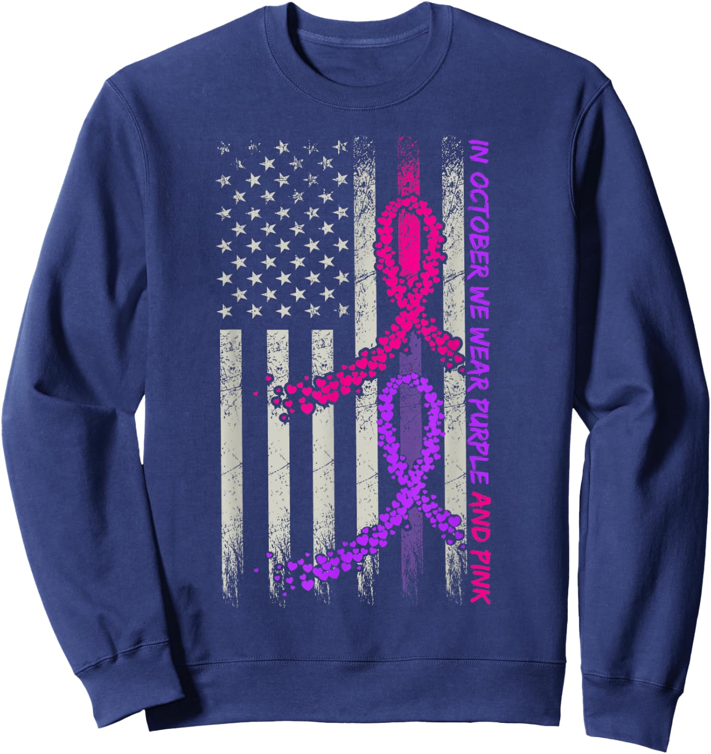 American Flag Breast Cancer and Domestic Violence Awareness Sweatshirt - Sweatshirt | Navy