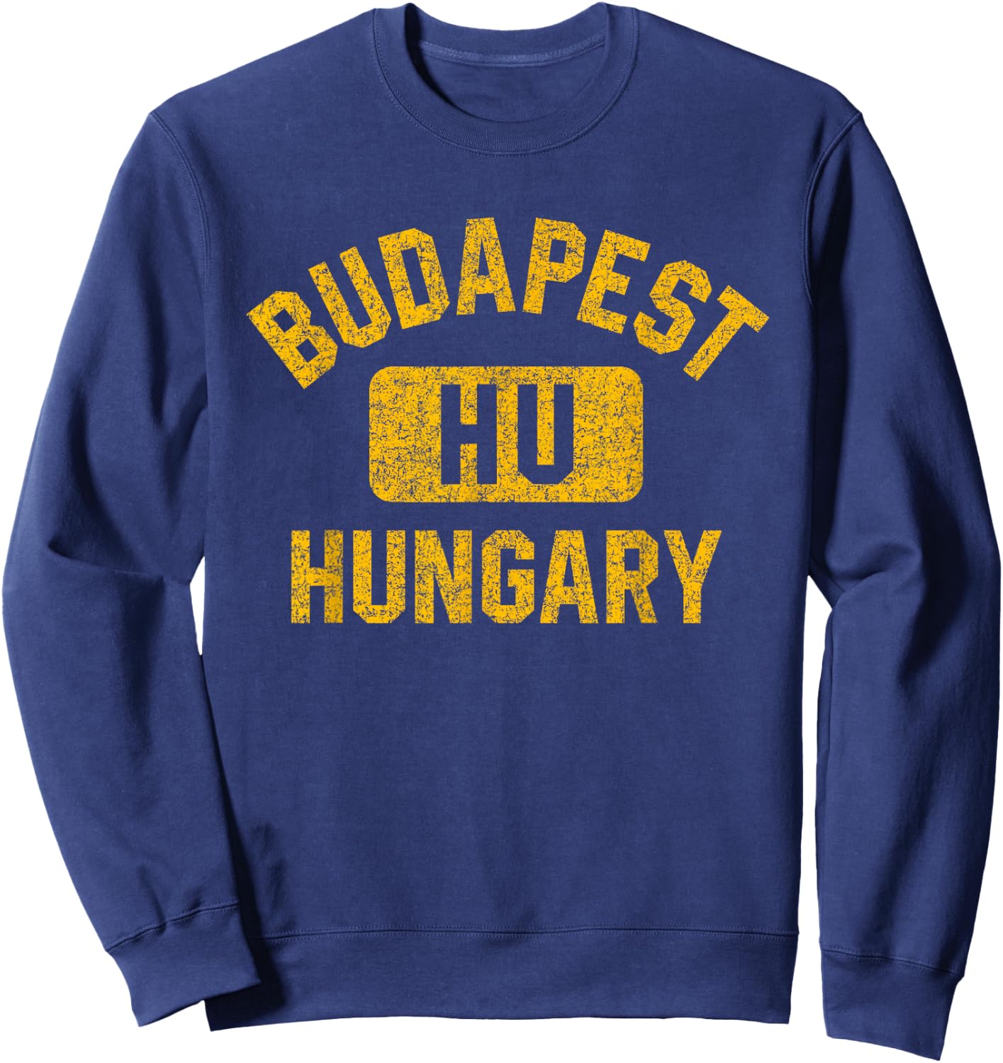 Budapest Hungary Gym Style Distressed Amber Print Sweatshirt - Sweatshirt | Navy