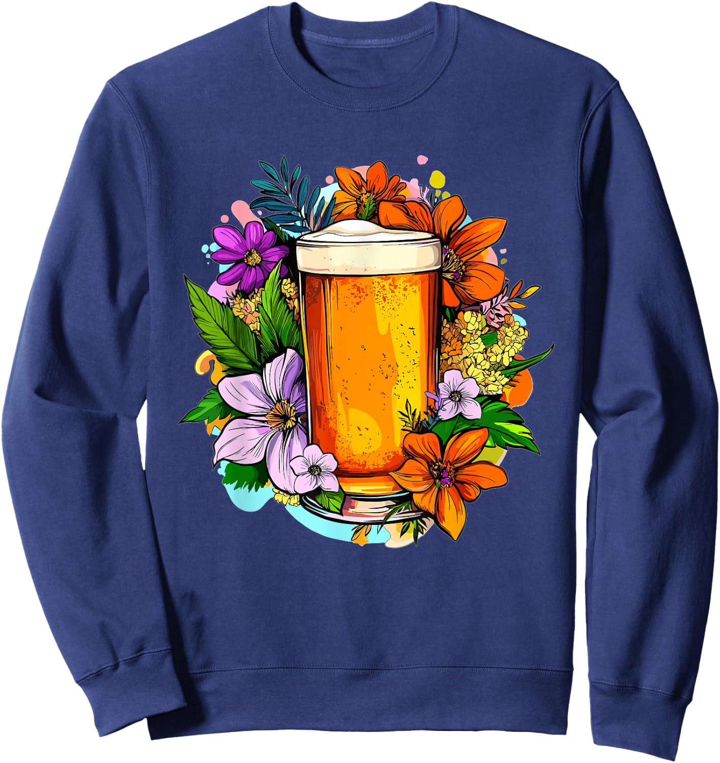 Craft Beer With Colorful Flowers Around Sweatshirt - Sweatshirt | Navy