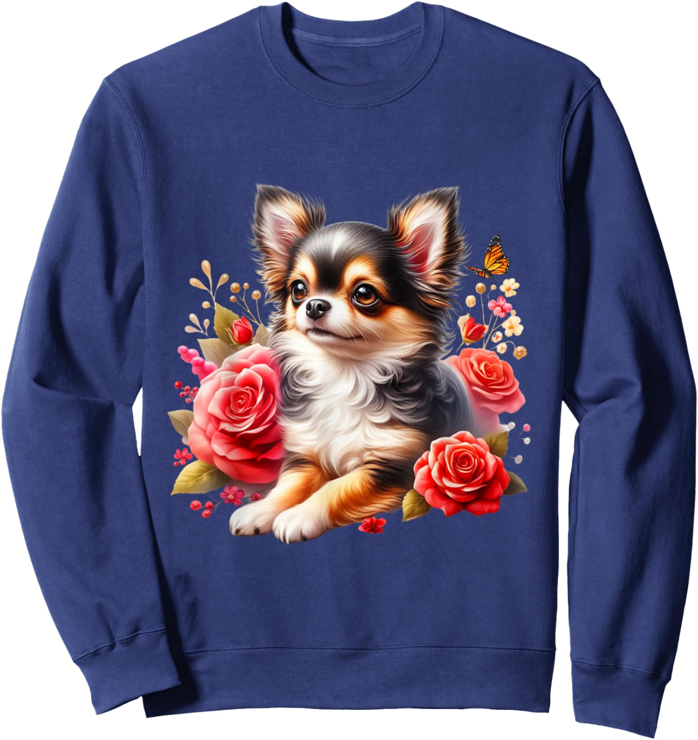 Chihuahua Floral Watercolor Long Hair Chihuahua , Black, S Sweatshirt - Sweatshirt | Navy