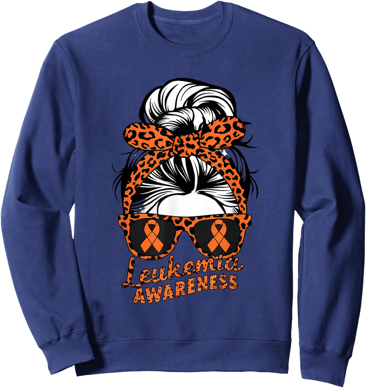 Leukemia Cancer Awareness Leopard Scarf Girl Orange Ribbon Sweatshirt - Sweatshirt | Navy