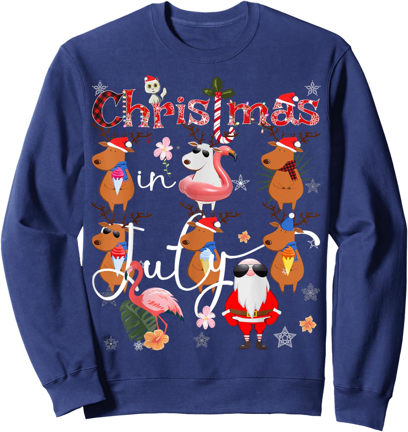 Christmas in July Funny Santa Reindeer Flamingos Summer Sweatshirt - Sweatshirt | Navy