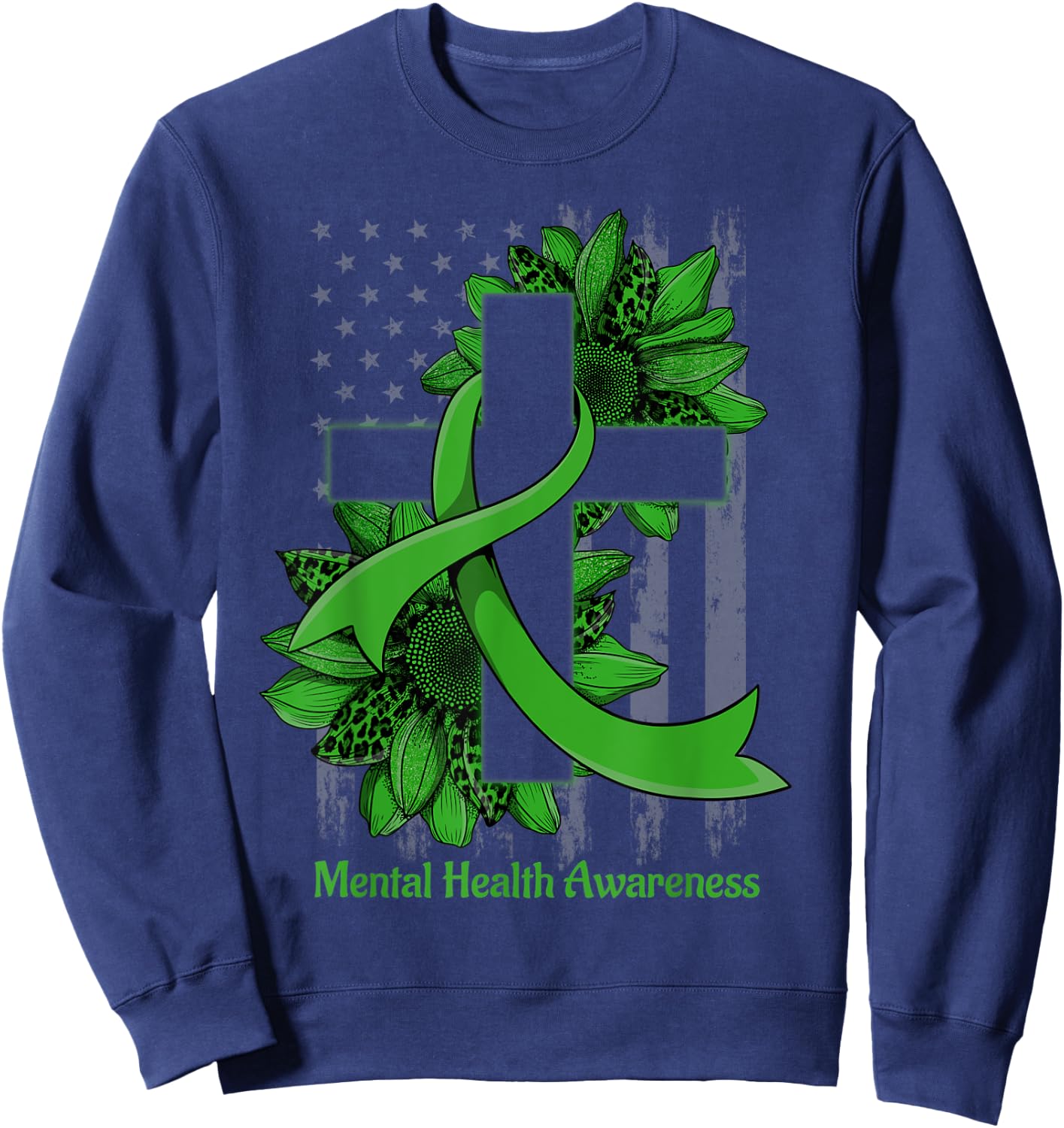 Green Sunflower Christian Cross Mental Health Awareness Sweatshirt - Sweatshirt | Navy