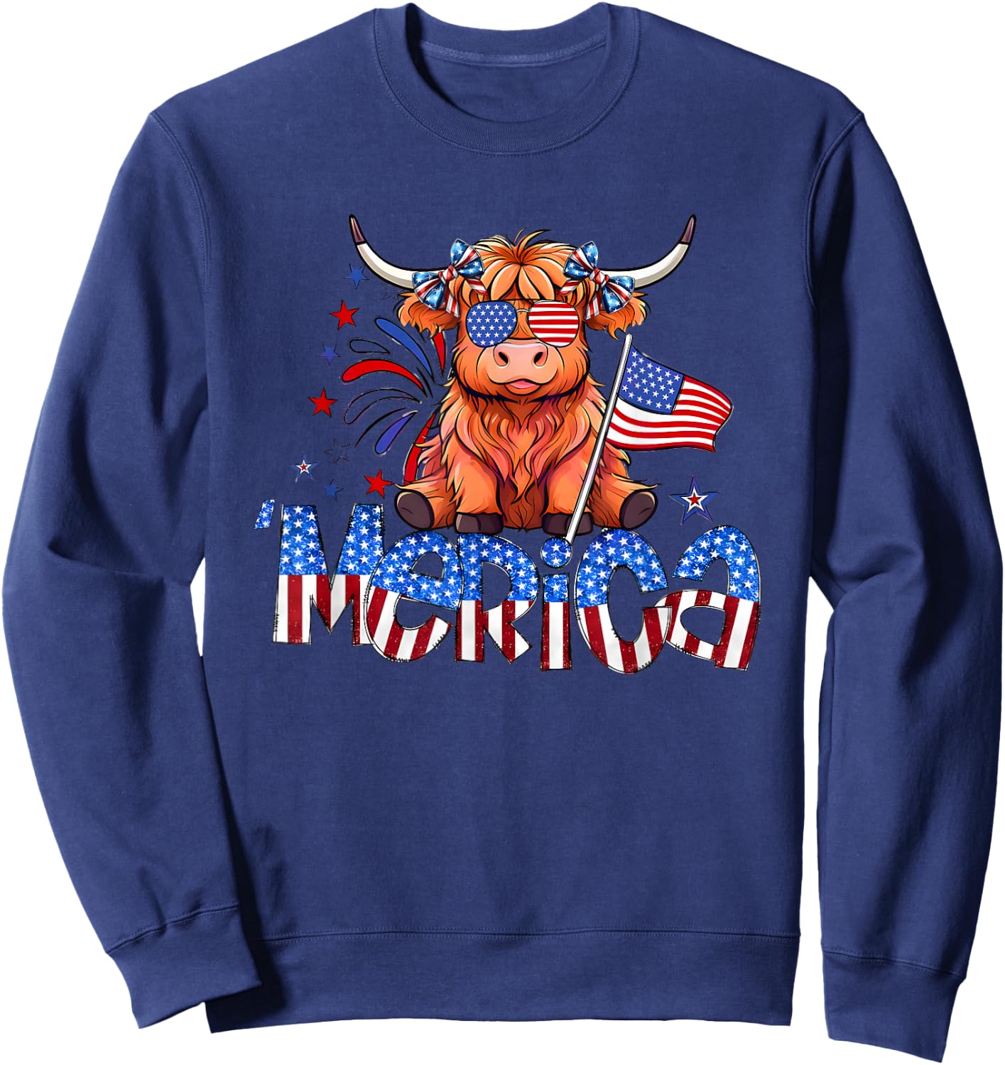 Retro Merica 4th Of July Highland Cow Women Men Sweatshirt - Sweatshirt | Navy