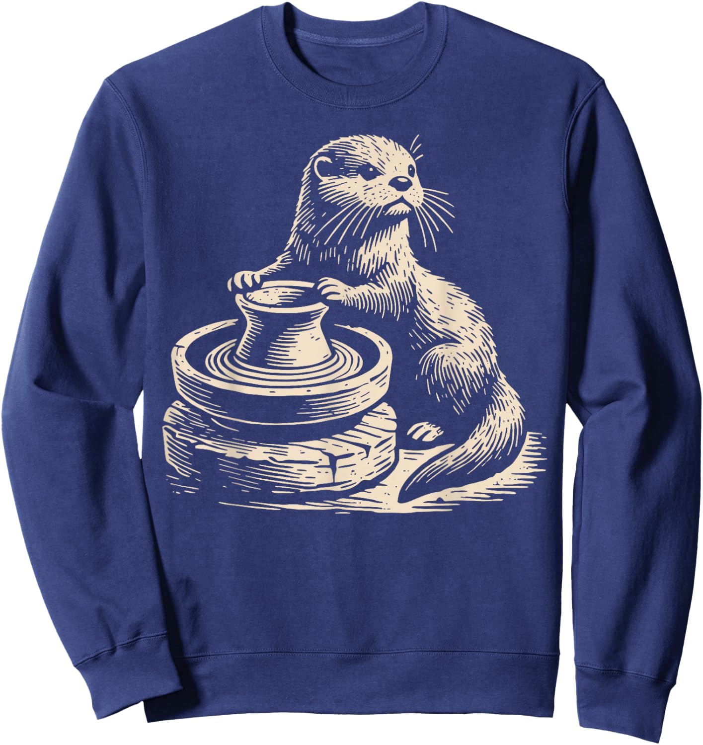 Retro Cute Otter At Pottery Wheel Throwing Ceramic Artist Sweatshirt - Sweatshirt | Navy