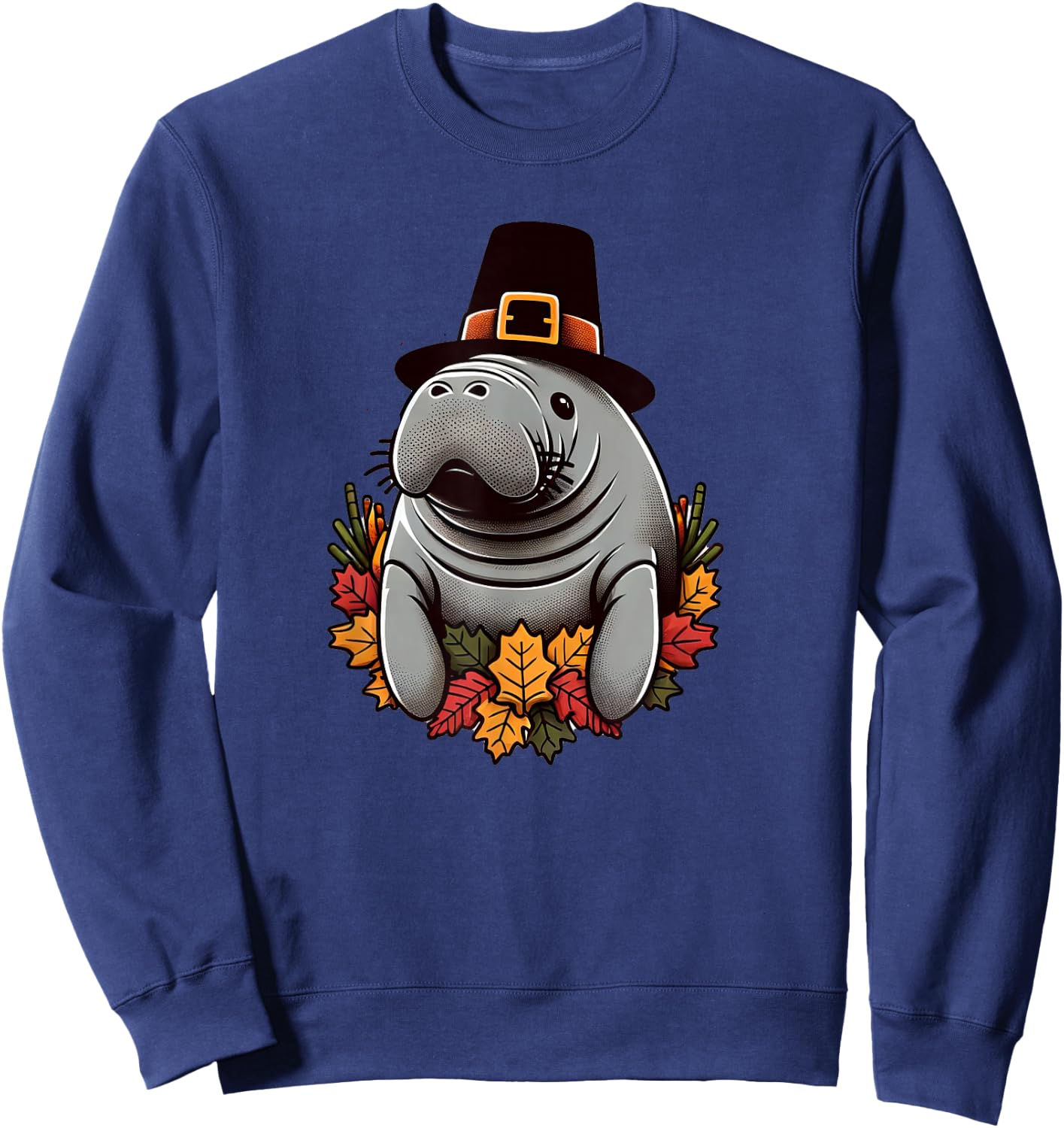 Thanksgiving Manatee Pilgrim Hat Sea Cow Autumn Fall Sweatshirt - Sweatshirt | Navy