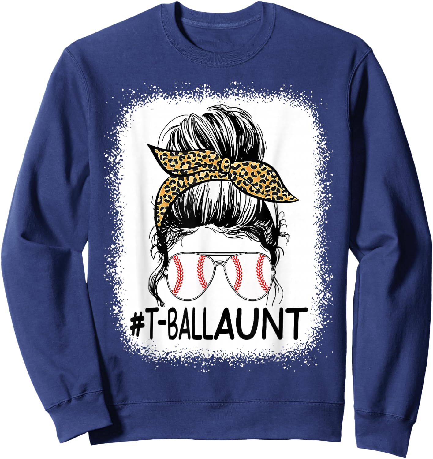 Bleached T-ball Aunt Life Messy Bun Leopard Baseball Sweatshirt - Sweatshirt | Navy