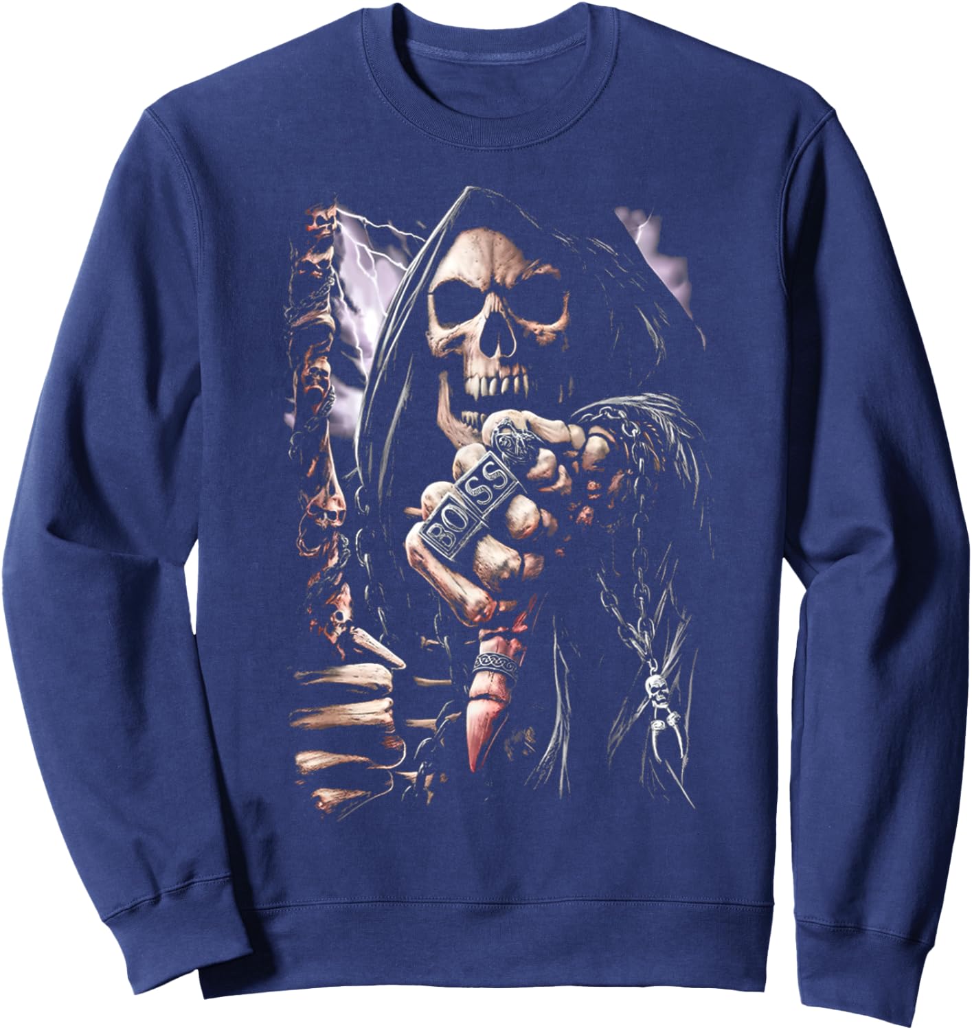 Scary Grim Reaper Boss Ring Death Skeleton Skull Halloween Sweatshirt - Sweatshirt | Navy