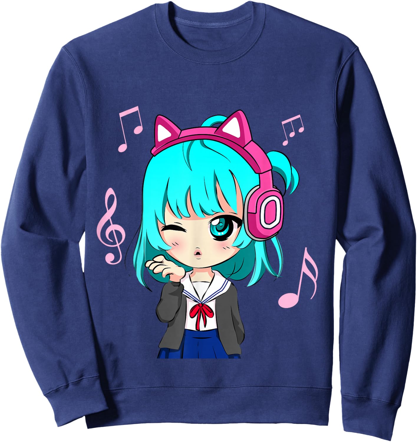 Anime and Music Girl for Teen Chibi Graphic Anime Girl Small Sweatshirt - Sweatshirt | Navy