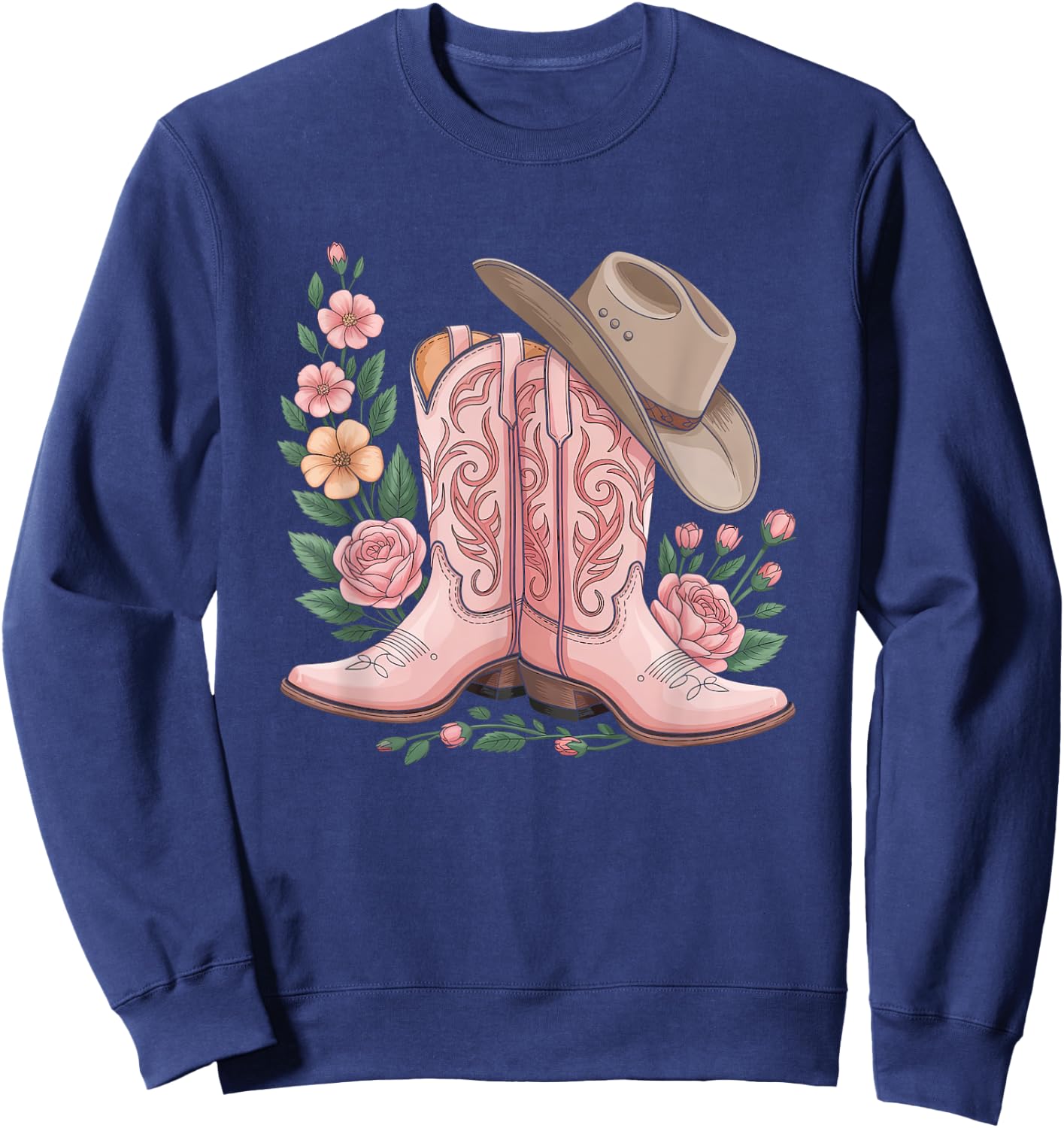 Cowboy Boot Western Country Cowgirl Flowers Girl Pink Woman Sweatshirt - Sweatshirt | Navy