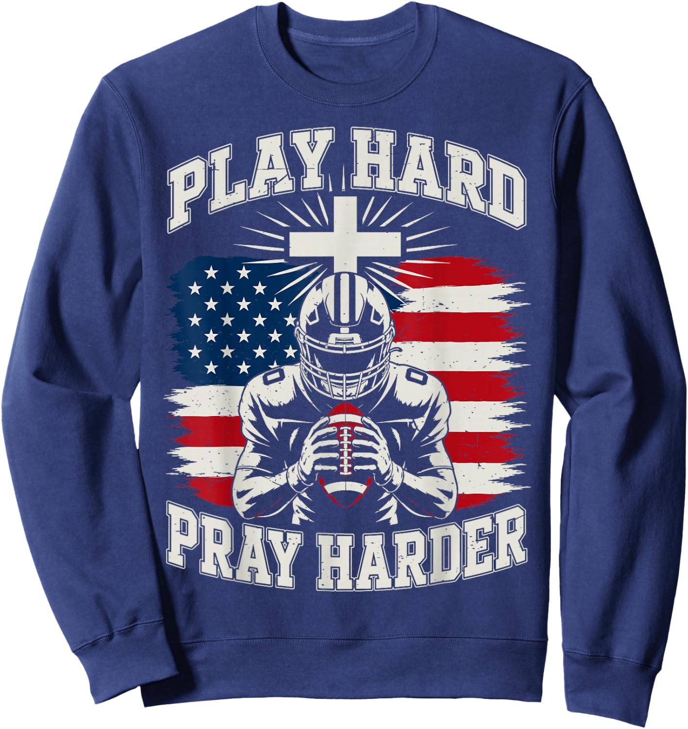 Youth Christian Football Play Hard Pray Harder American Flag Sweatshirt - Sweatshirt | Navy