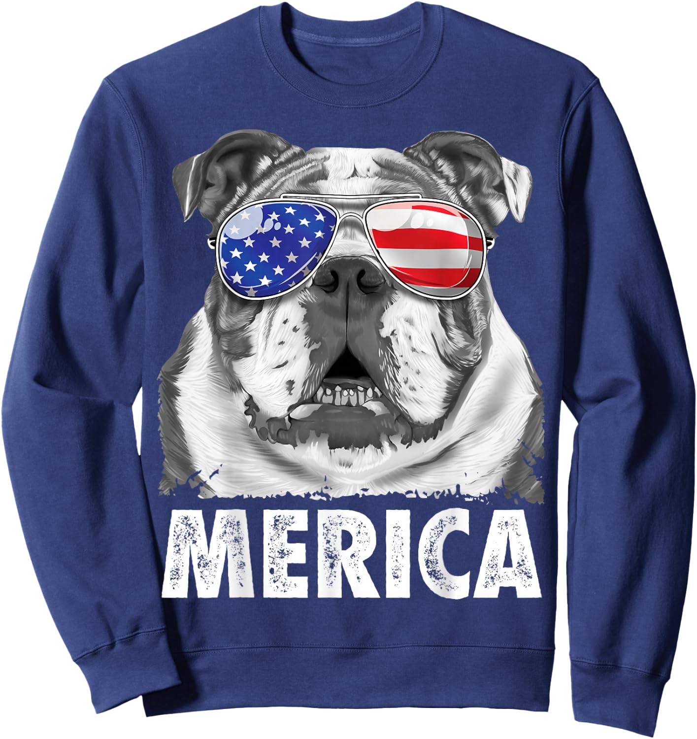 English Bulldog 4th of July Merica Men Women USA Flag Retro Sweatshirt - Sweatshirt | Navy