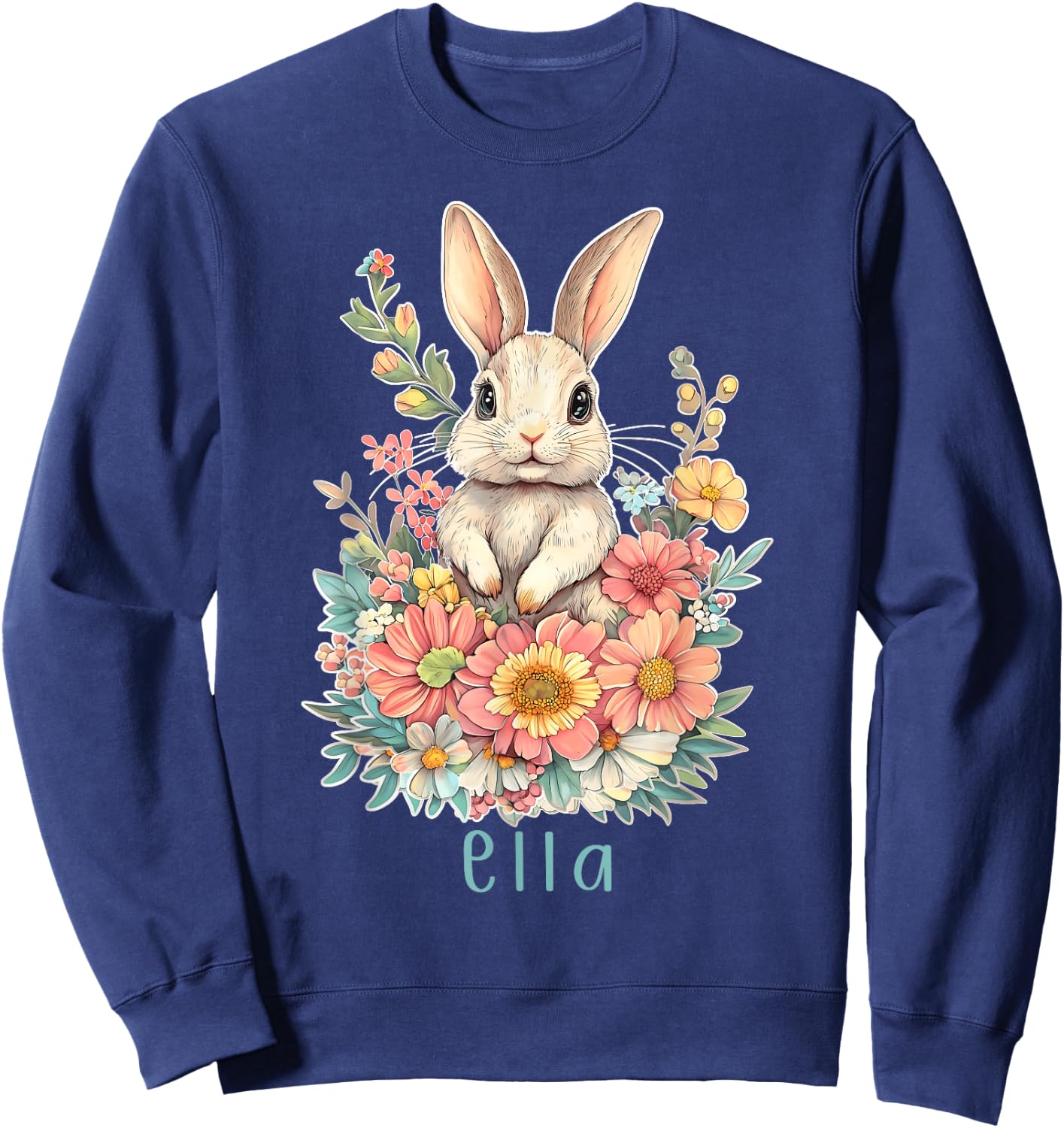 First Name Ella Cute Bunny Flowers Personalized Girl Sweatshirt - Sweatshirt | Navy