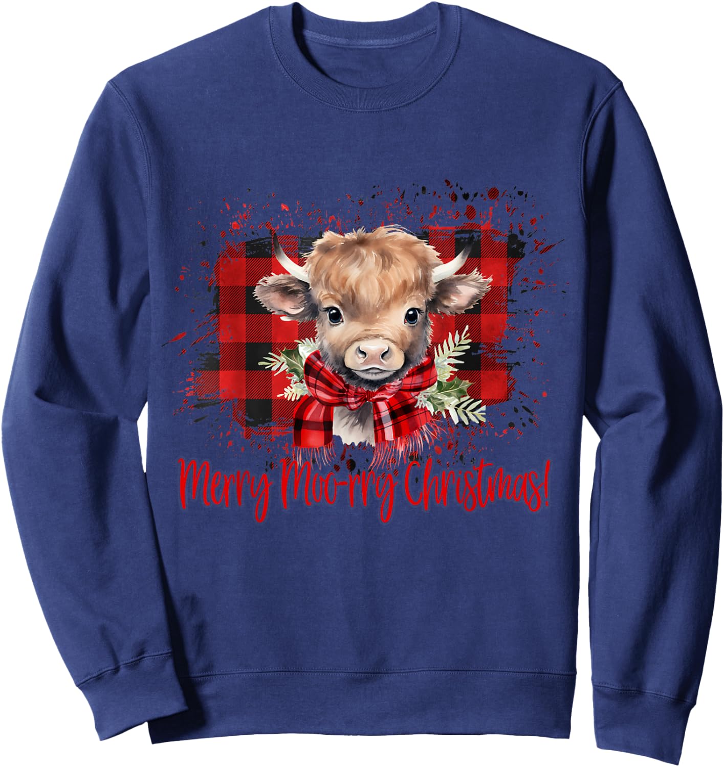 Merry Moo-rry Christmas Buffalo Plaid Highland Cow Sweatshirt - Sweatshirt | Navy