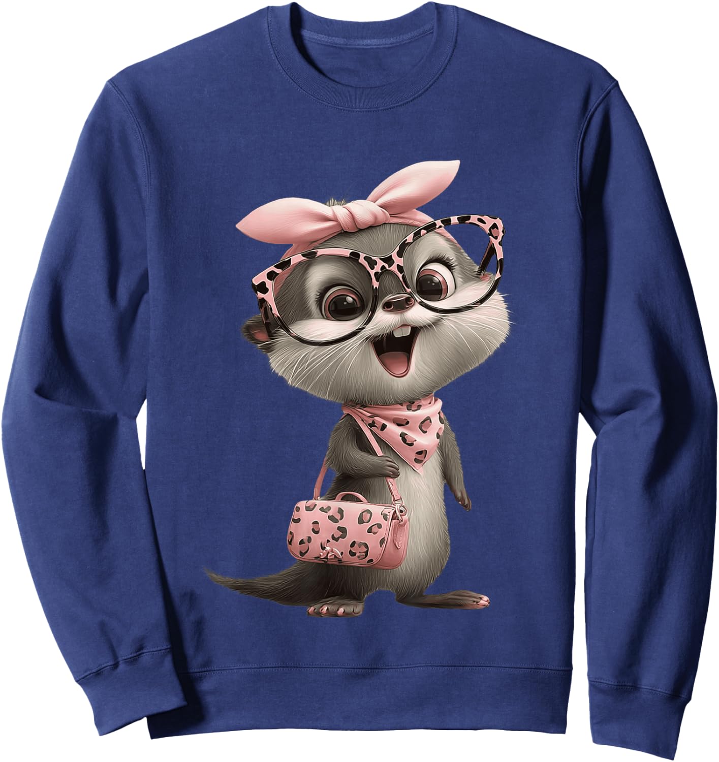 Baby Otter Kawaii Character Pink Leopard Glasses Portrait Sweatshirt - Sweatshirt | Navy