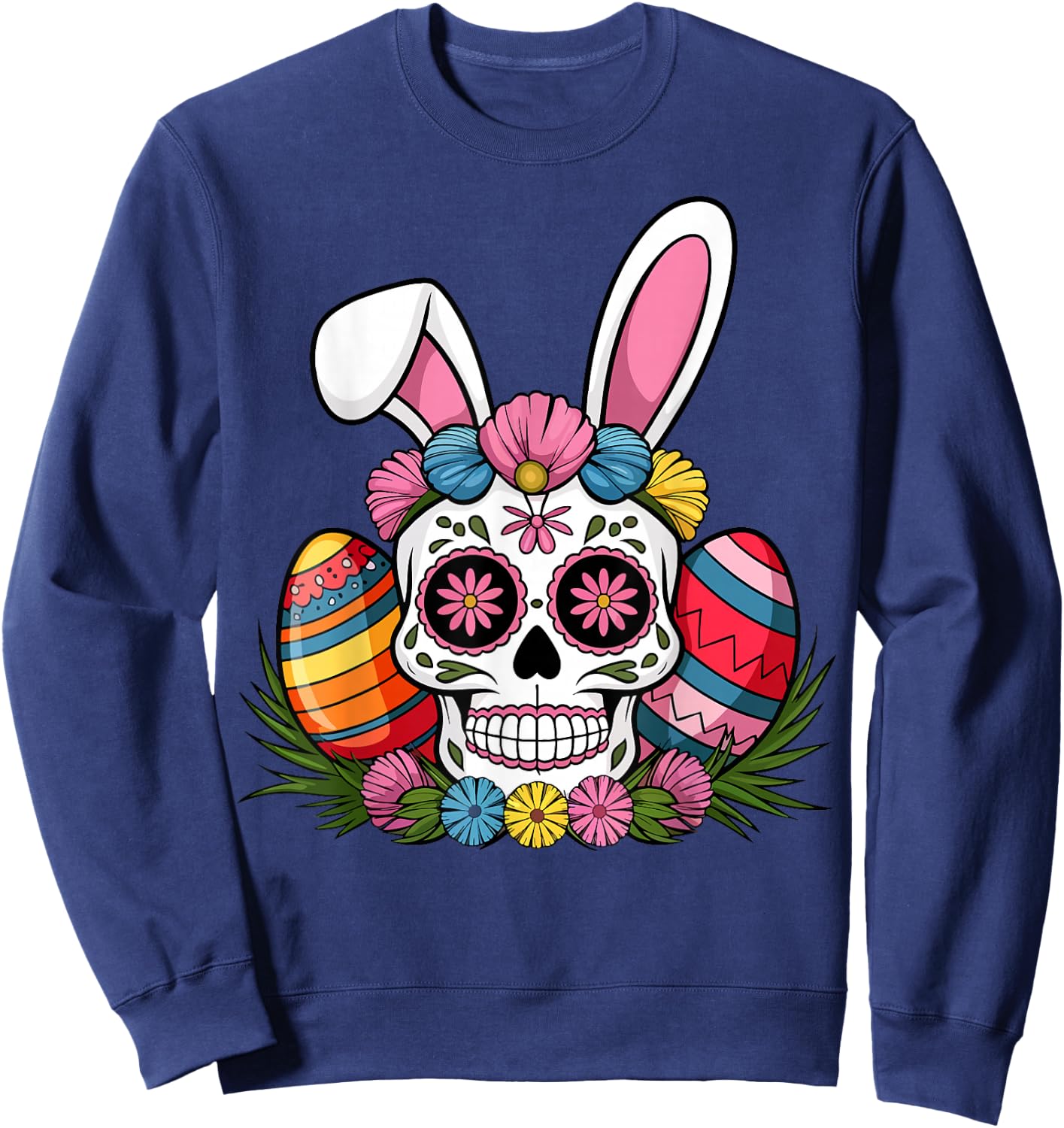 Sugar Skull Bunny Rabbit Ears Mexican Easter Day Sweatshirt - Sweatshirt | Navy