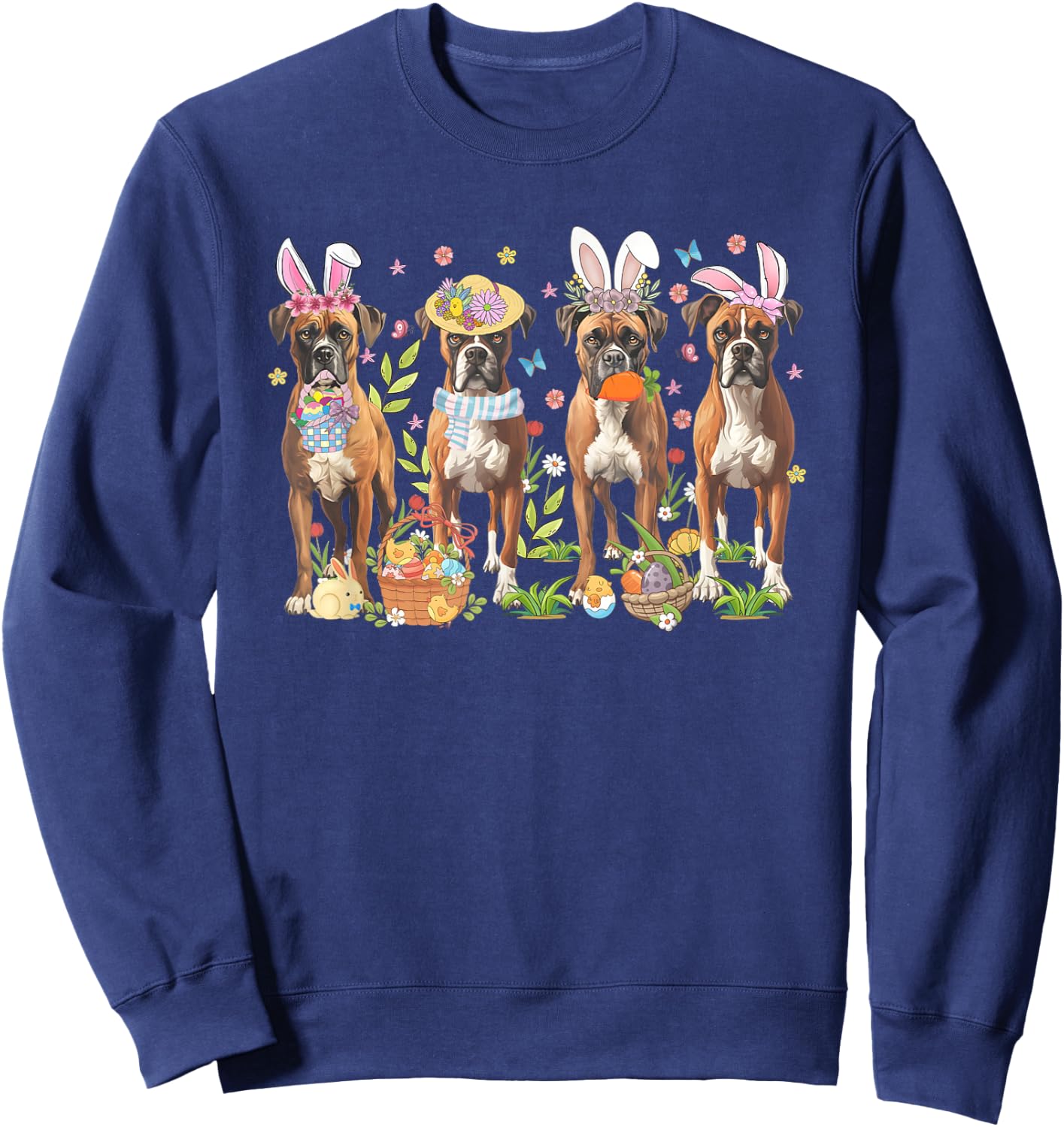Easter Boxer Bunnies Floral Boxer Dogs Easter Day Sweatshirt - Sweatshirt | Navy