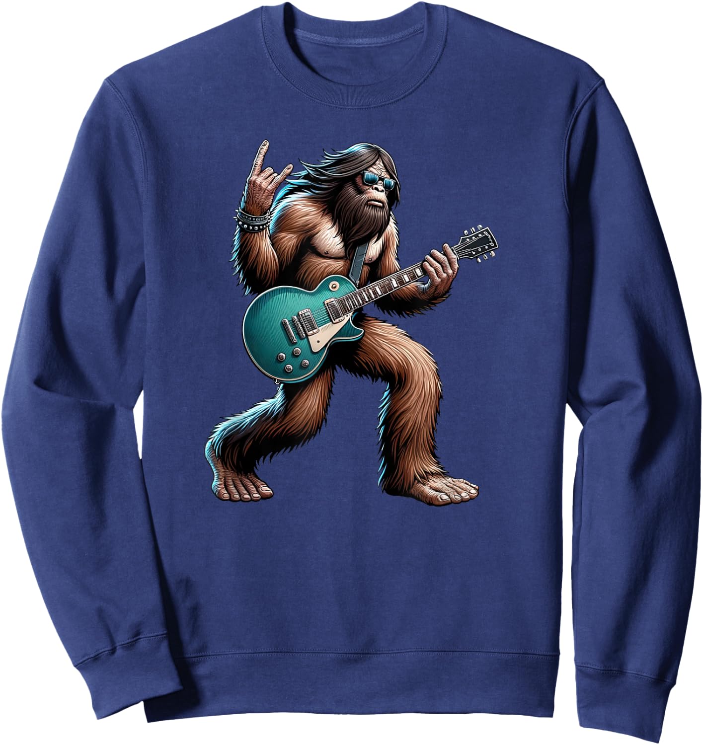 Rock On Bigfoot Playing Electric Guitar Sasquatch Music Band Sweatshirt - Sweatshirt | Navy