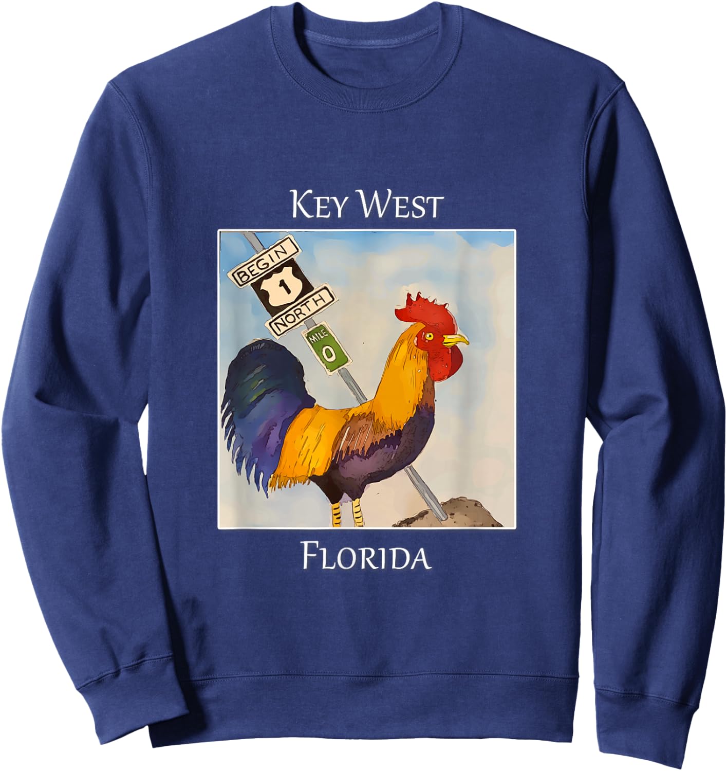 Rooster and Mile Marker 0 Famous in Key West, Florida Sweatshirt - Sweatshirt | Navy