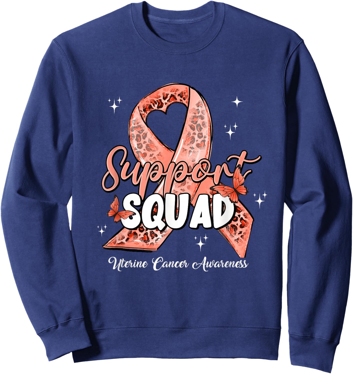 Support Squad Butterfly Peach Ribbon Uterine Cancer Gifts Sweatshirt - Sweatshirt | Navy