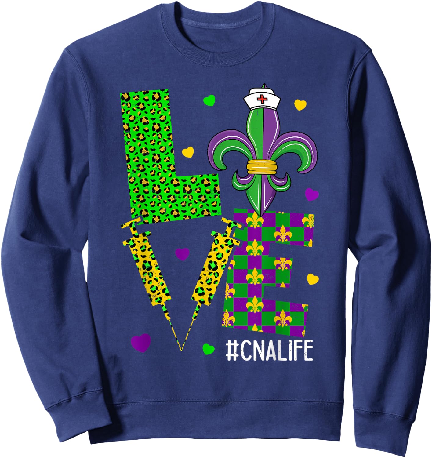 Leopard Love CNA Life Scrub Nurse Mardi Gras Women RN ICU ER Sweatshirt - Sweatshirt | Navy