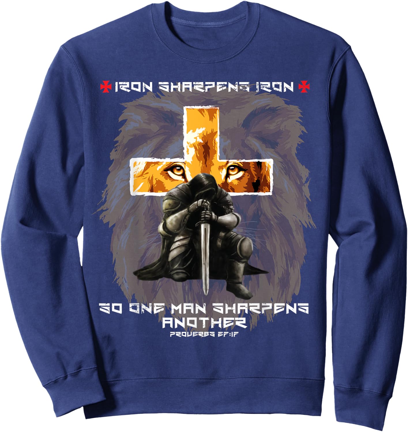 Iron Sharpens Iron Christian Saying Lion Judah Cross Graphic Sweatshirt - Sweatshirt | Navy