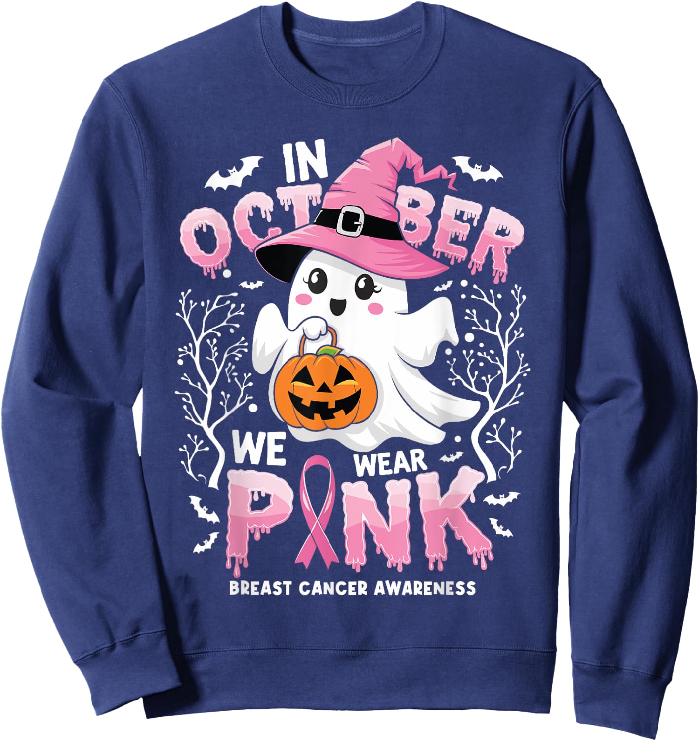 In October We Wear Pink Ghost Witch Breast Cancer Awareness Sweatshirt - Sweatshirt | Navy