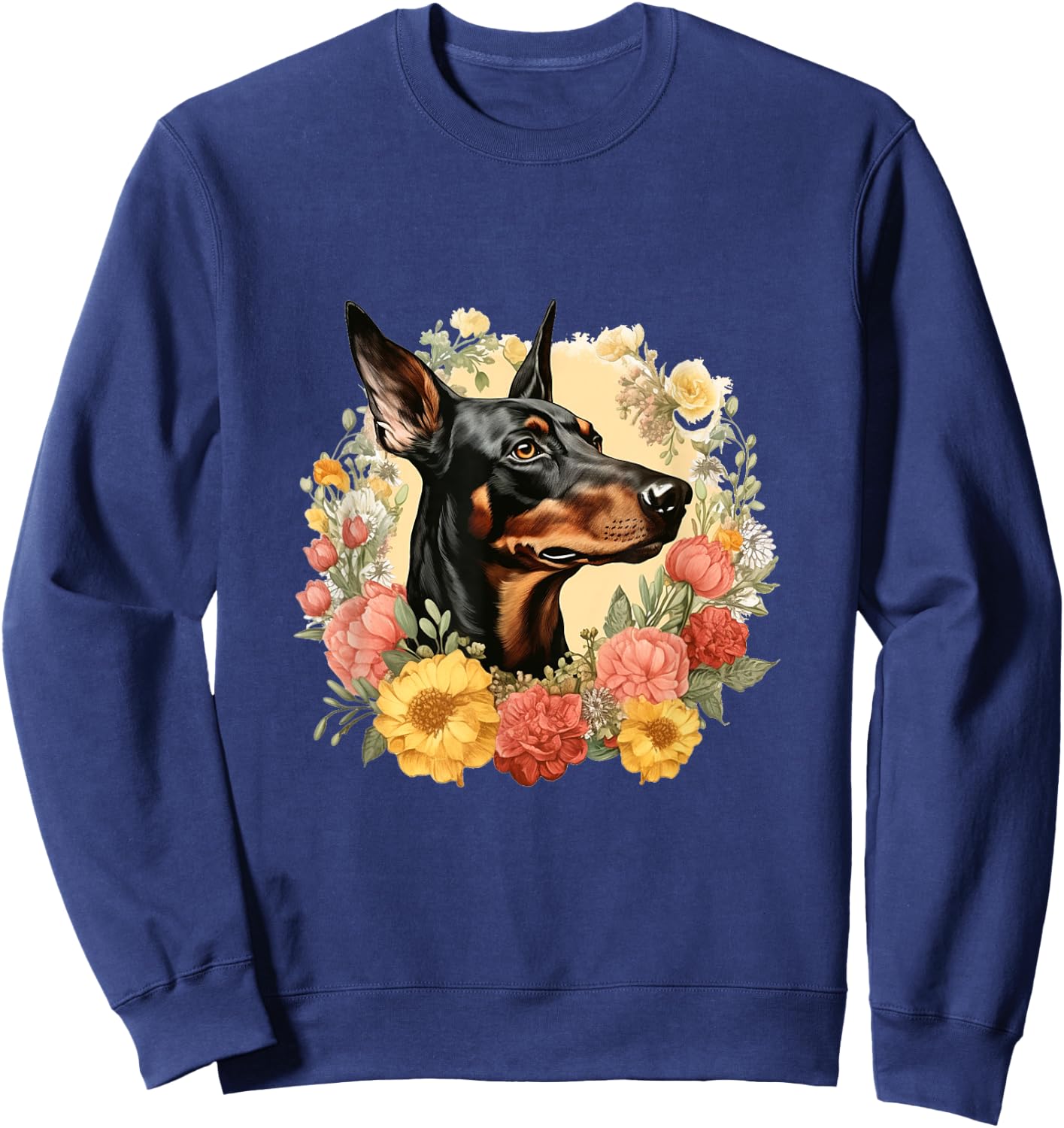 Doberman Pinscher Dog With Flowers Vintage Floral Border Sweatshirt - Sweatshirt | Navy