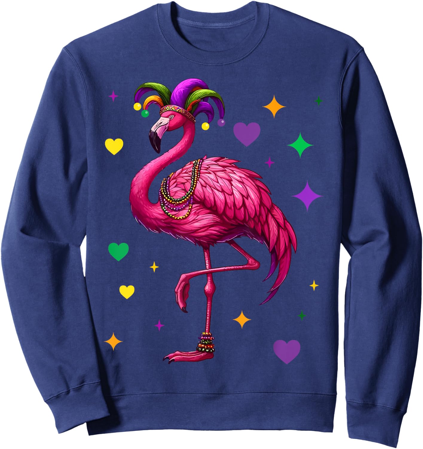 Flamingo Wearing Jester Hat Mardi Gras Fun Sweatshirt - Sweatshirt | Navy