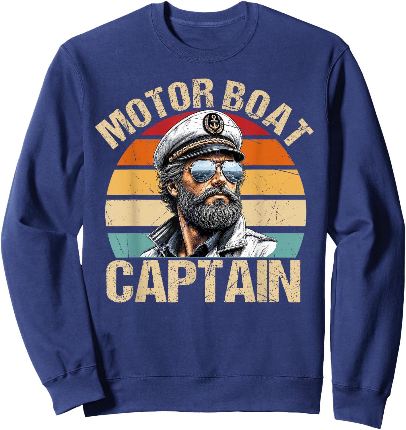 Vintage Motor Boat Captain Retro 70s 80s Sailor Boating Sweatshirt - Sweatshirt | Navy