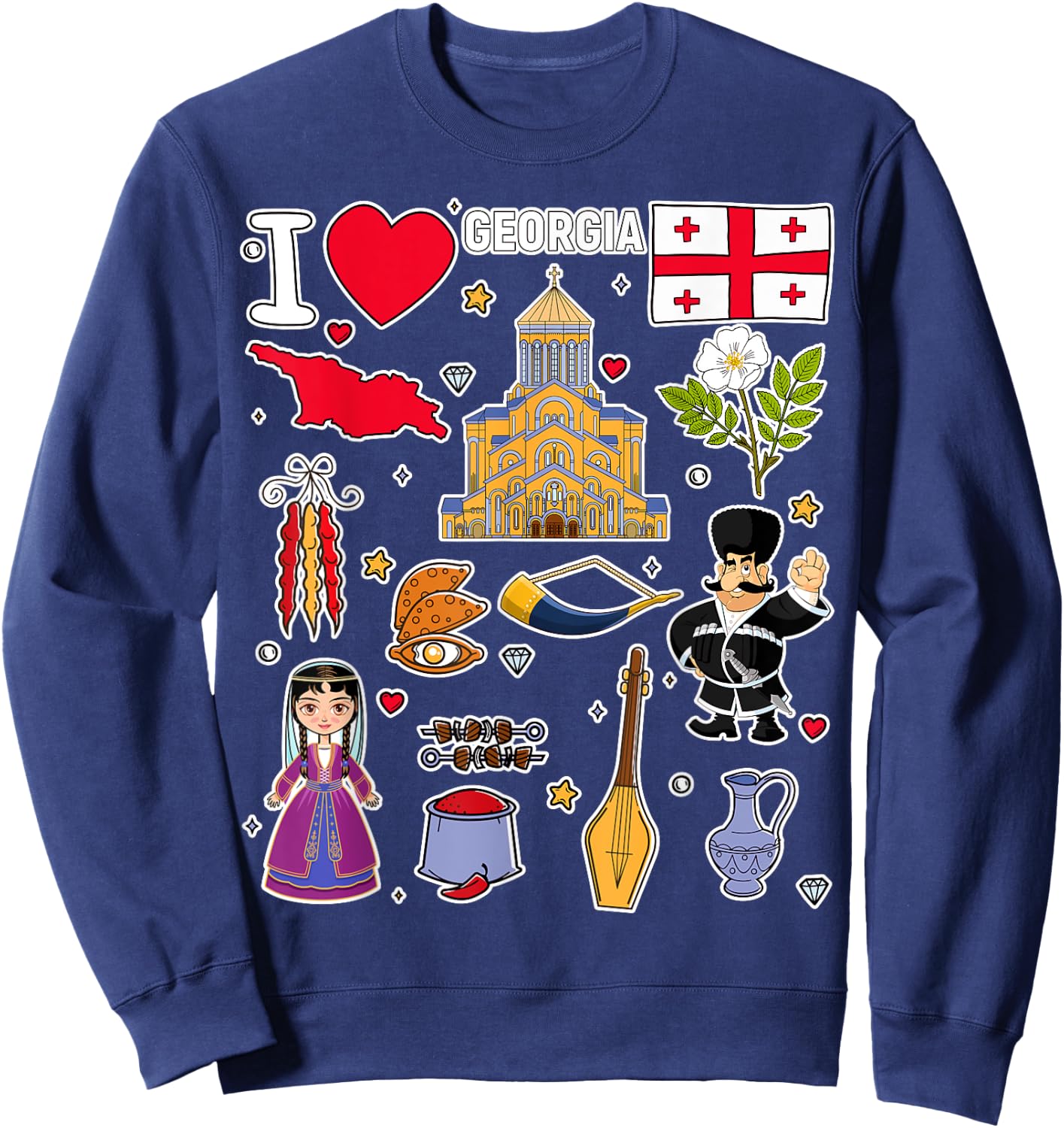 Georgian hand drawn symbols, Georgia map, cultural icons Sweatshirt - Sweatshirt | Navy