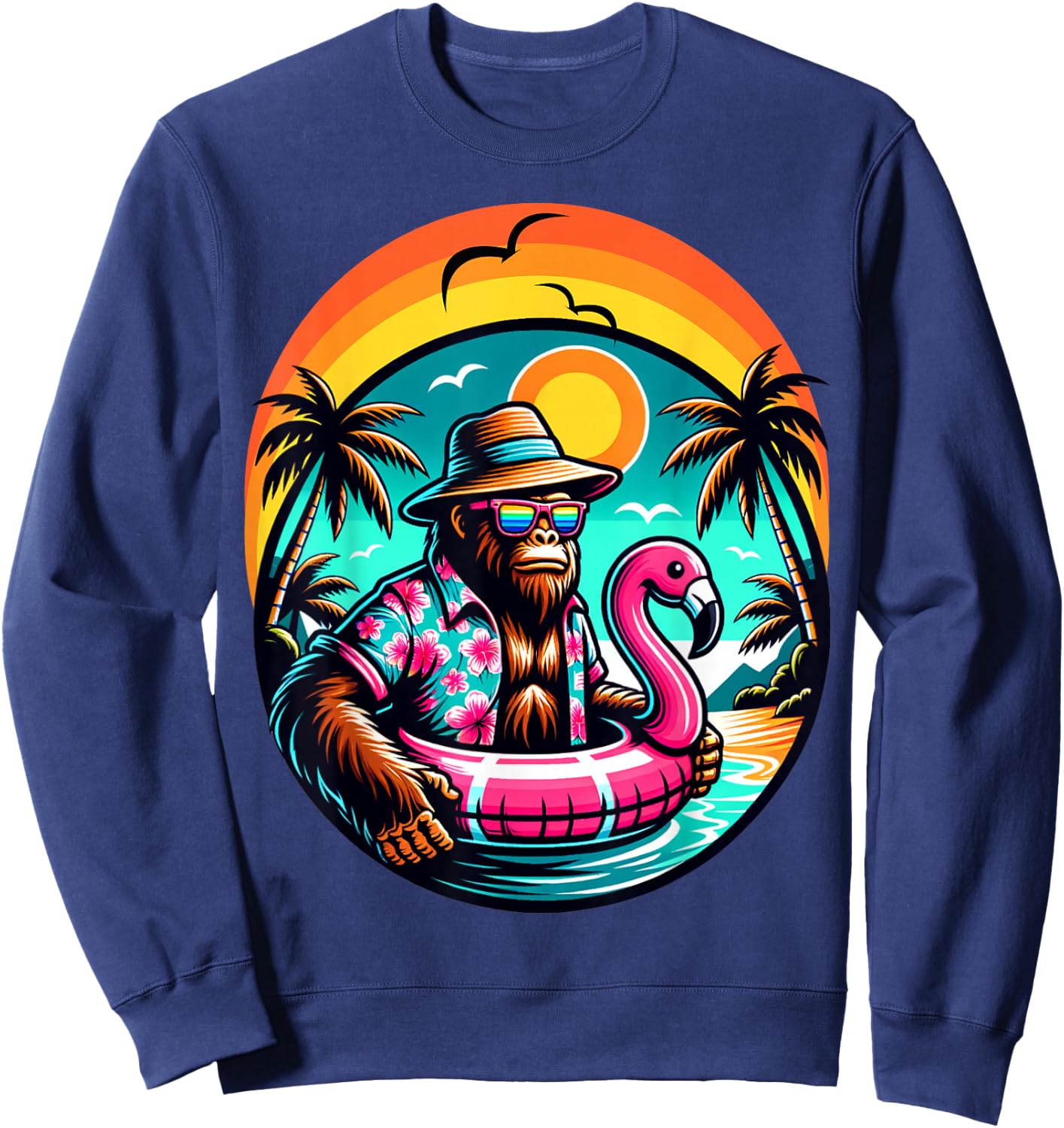 Bigfoot Pink Flamingo Aloha Pool Party Hawaiian Party Sweatshirt - Sweatshirt | Navy