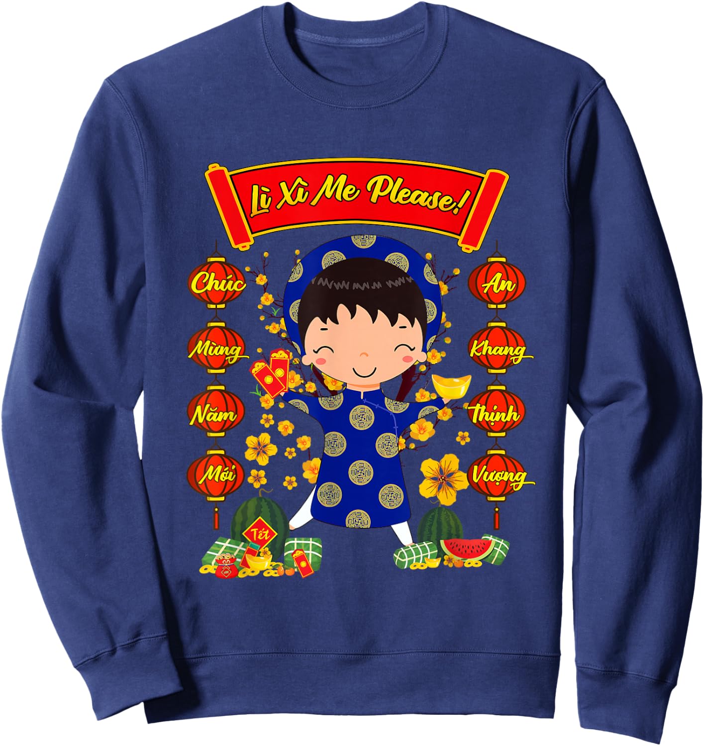 Li Xi Me Please Ao Dai Vietnamese Dress Boys Tet Decorations Sweatshirt - Sweatshirt | Navy