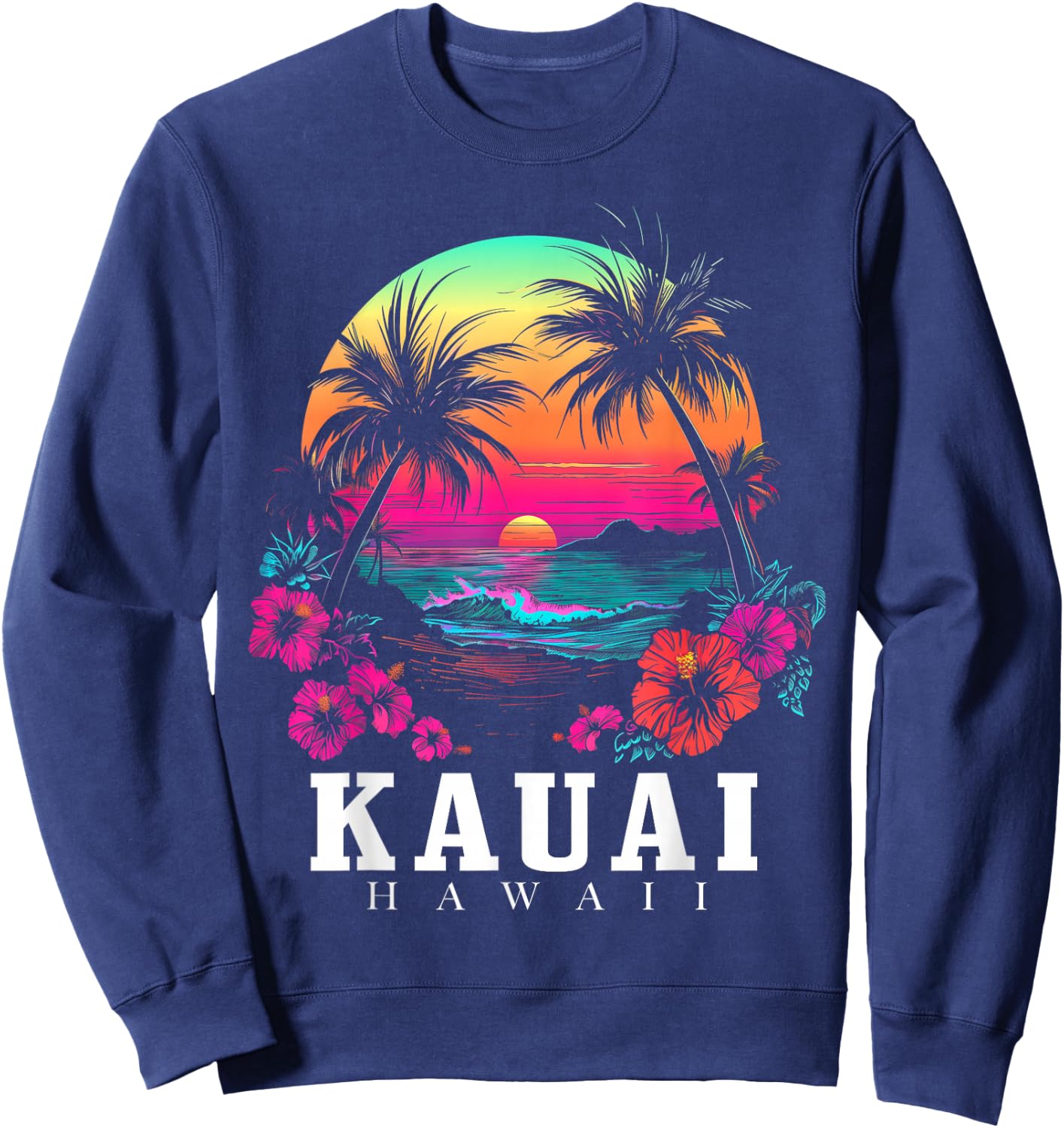 Kauai Hawaii Hawaiian Hibiscus Flowers Surfer Souvenir Sweatshirt - Sweatshirt | Navy