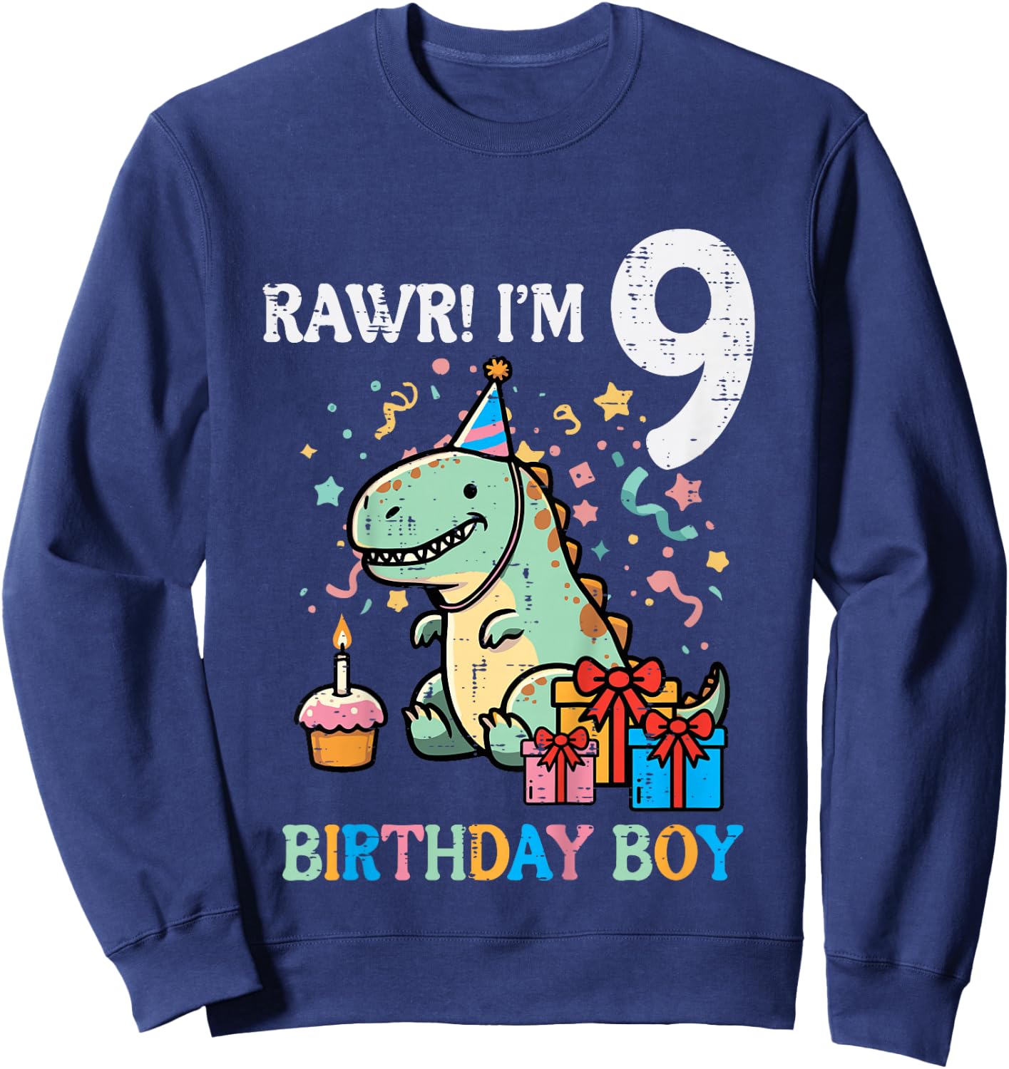 Kids Rawr Im 9 Dinosaur Birthday Boy Cute 9th Bday Trex Boys Kids Sweatshirt - Sweatshirt | Navy