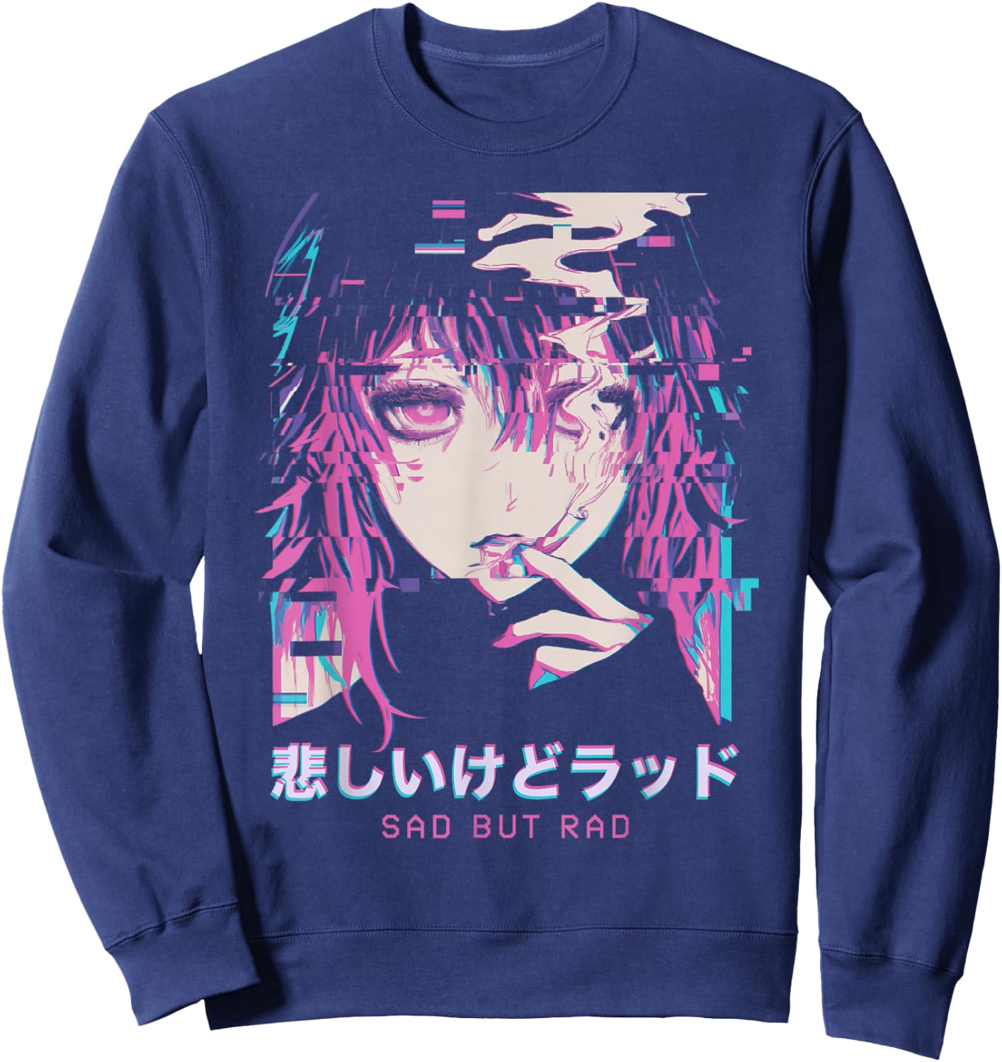 Smoking Anime Femboy Glitch Sad But Rad Vaporwave Hentai , Black, S Sweatshirt - Sweatshirt | Navy
