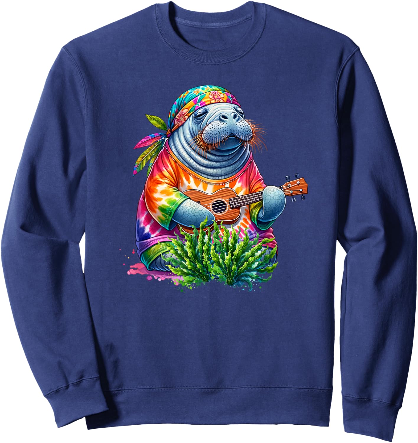 Funny Manatee Wears Hippie Tie Dye Playing Ukulele Uke Life Sweatshirt - Sweatshirt | Navy