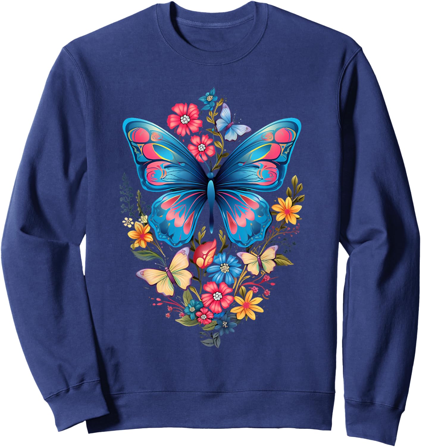 Butterfly with Flowers I Aesthetic Butterfly Sweatshirt - Sweatshirt | Navy