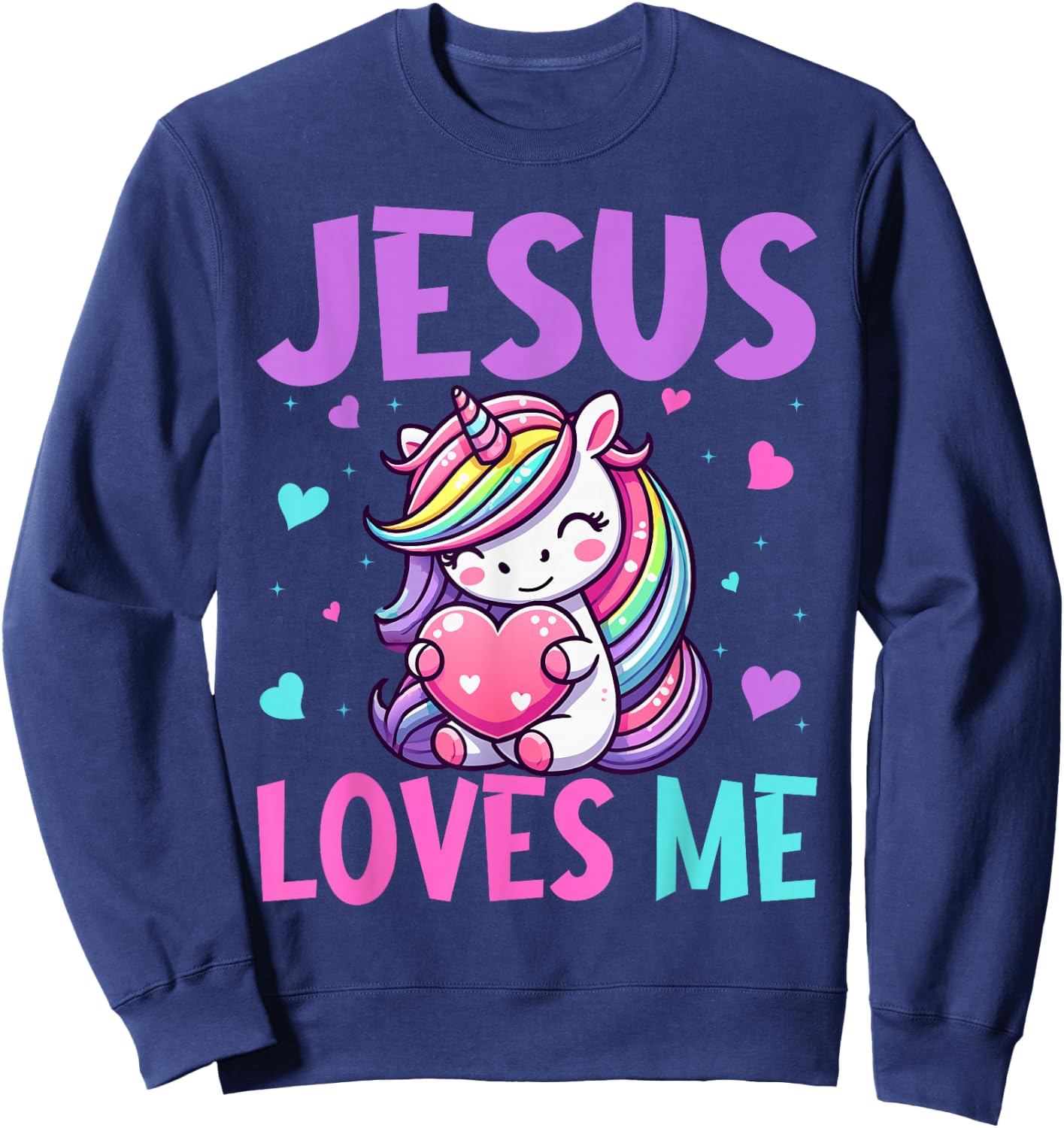 Kids Jesus Loves Me Christian Bible Girls Rainbow Unicorn Sweatshirt - Sweatshirt | Navy