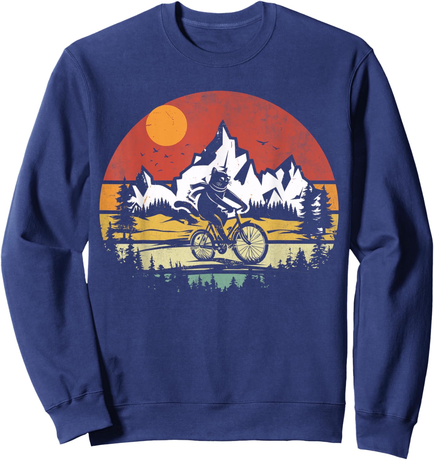 Funny Cat Riding Bicycle Vintage Mountain Biking Cat Biker Sweatshirt - Sweatshirt | Navy