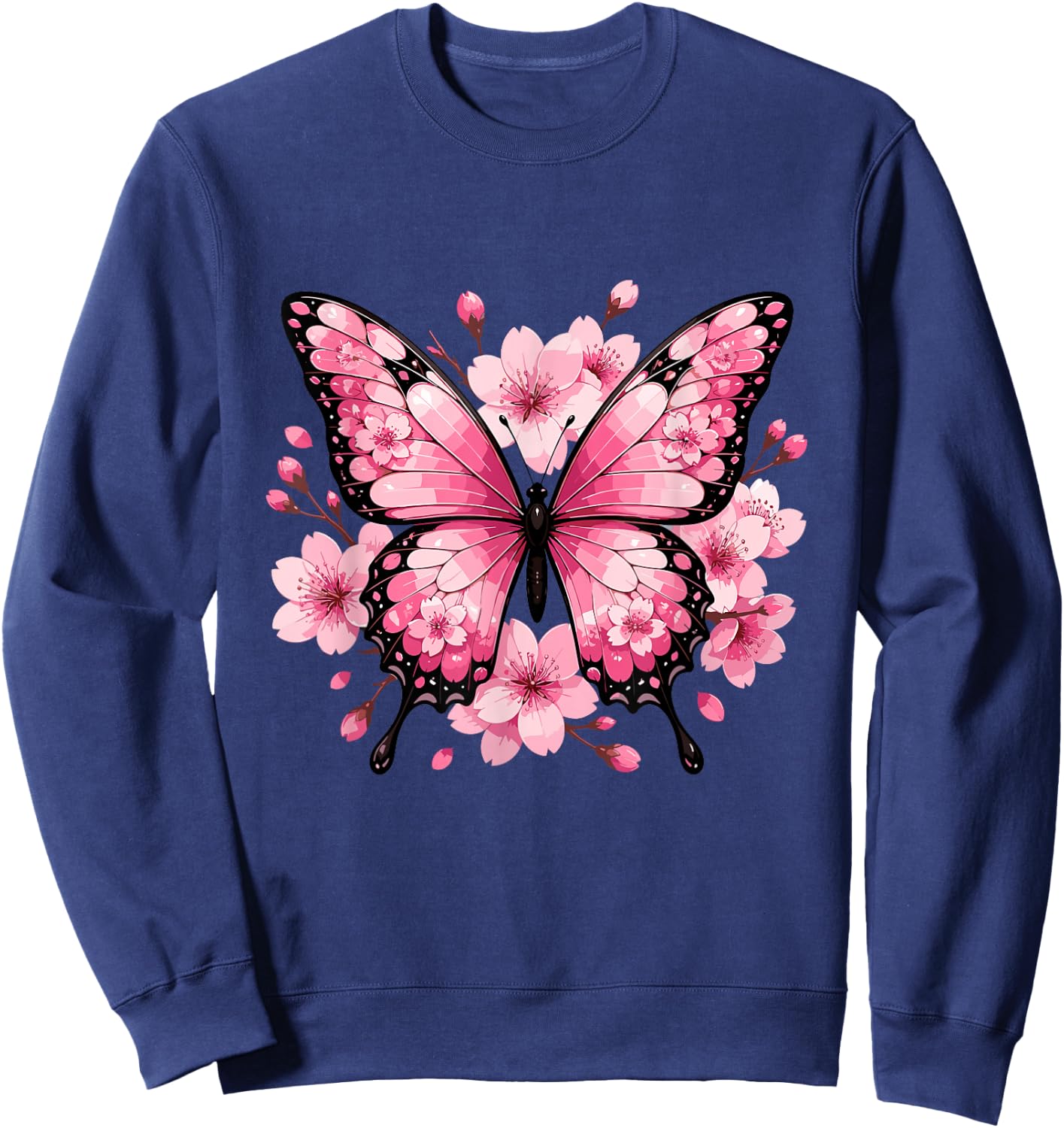 Pink Butterfly with Sakura Cherry Blossom Floral Sweatshirt - Sweatshirt | Navy